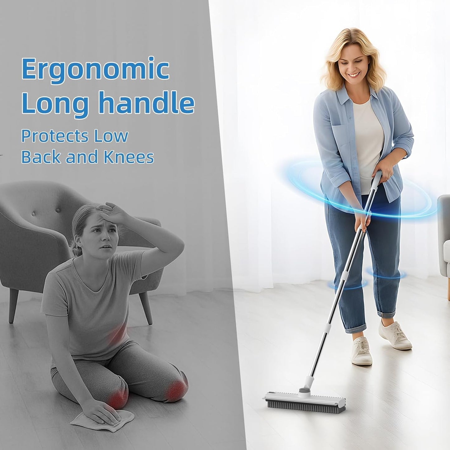 Scrub Brush with Long Handle, Floor Scrub Brush Squeegee Broom for Cleaning, 3 in 1 Shower Scrubber Floor Broom Squeegee for Concrete Tile Wall Deck Patio White