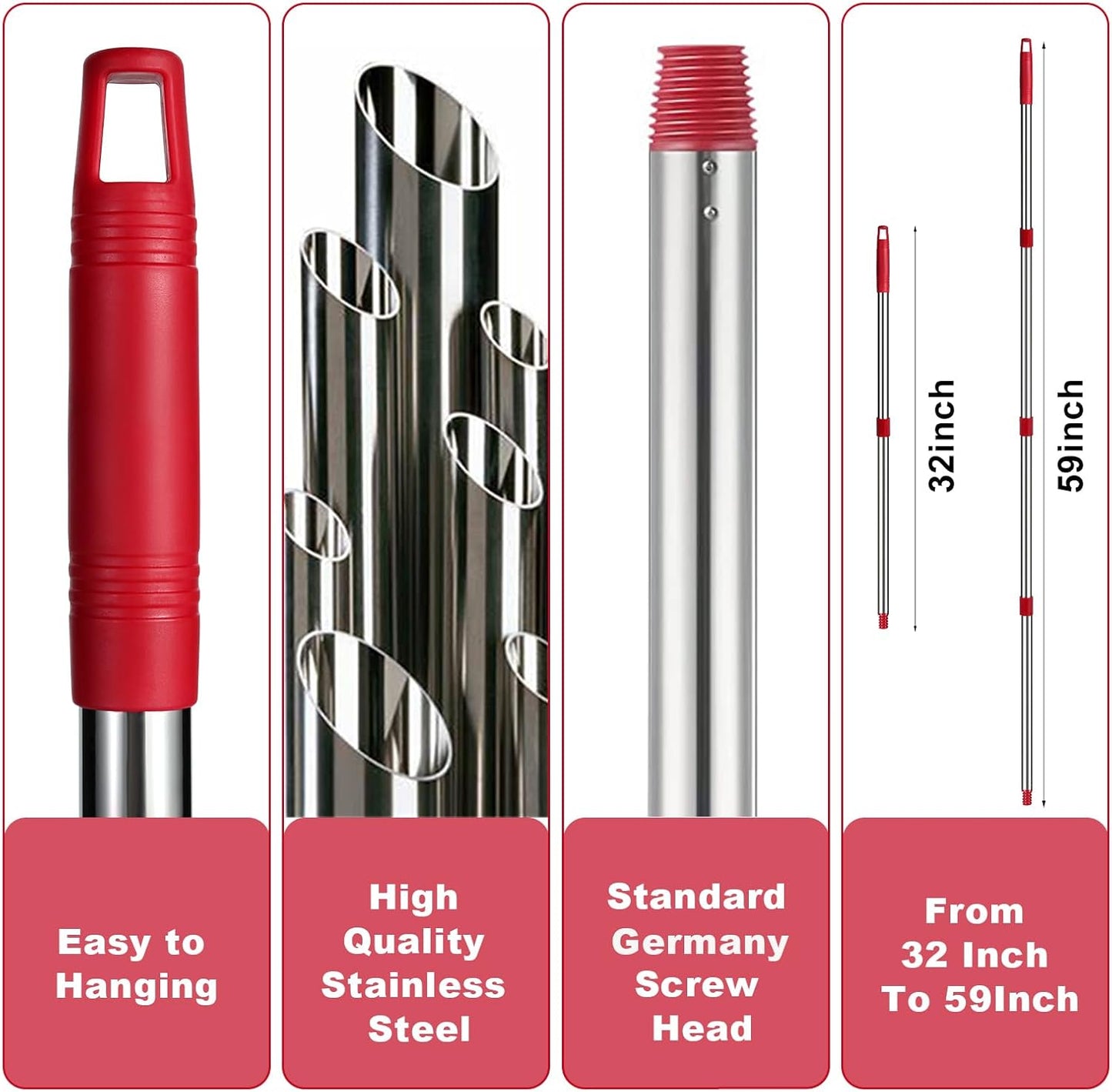 Spin Mop Replacement Handle - 4 Section Mop or Broom Handle/Stick Compatible with O Cedar Spin Mop Refills and Brooms, 30" to 59", Germany Screw Joint (Mop Head Not Included)