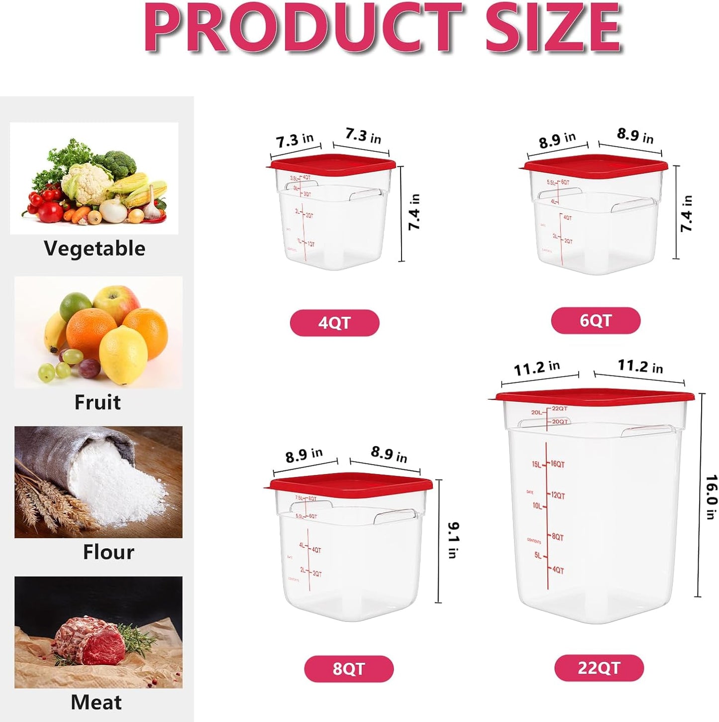 6 Pack 6 Quart Square Clear Food Storage Containers with Lids Cereal Containers Storage Airtight Food Storage Containers for Restaurant Kitchen Home