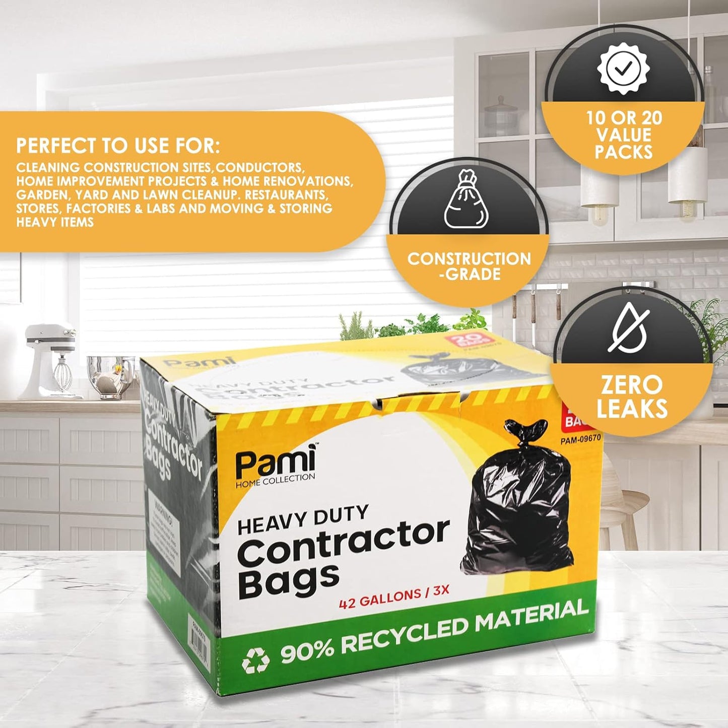 PAMI Heavy Duty 42 Gallon Contractor Garbage Bags, Tear Resistant Construction Bags Made from 90% Recycled Materials (20 Count, Black)