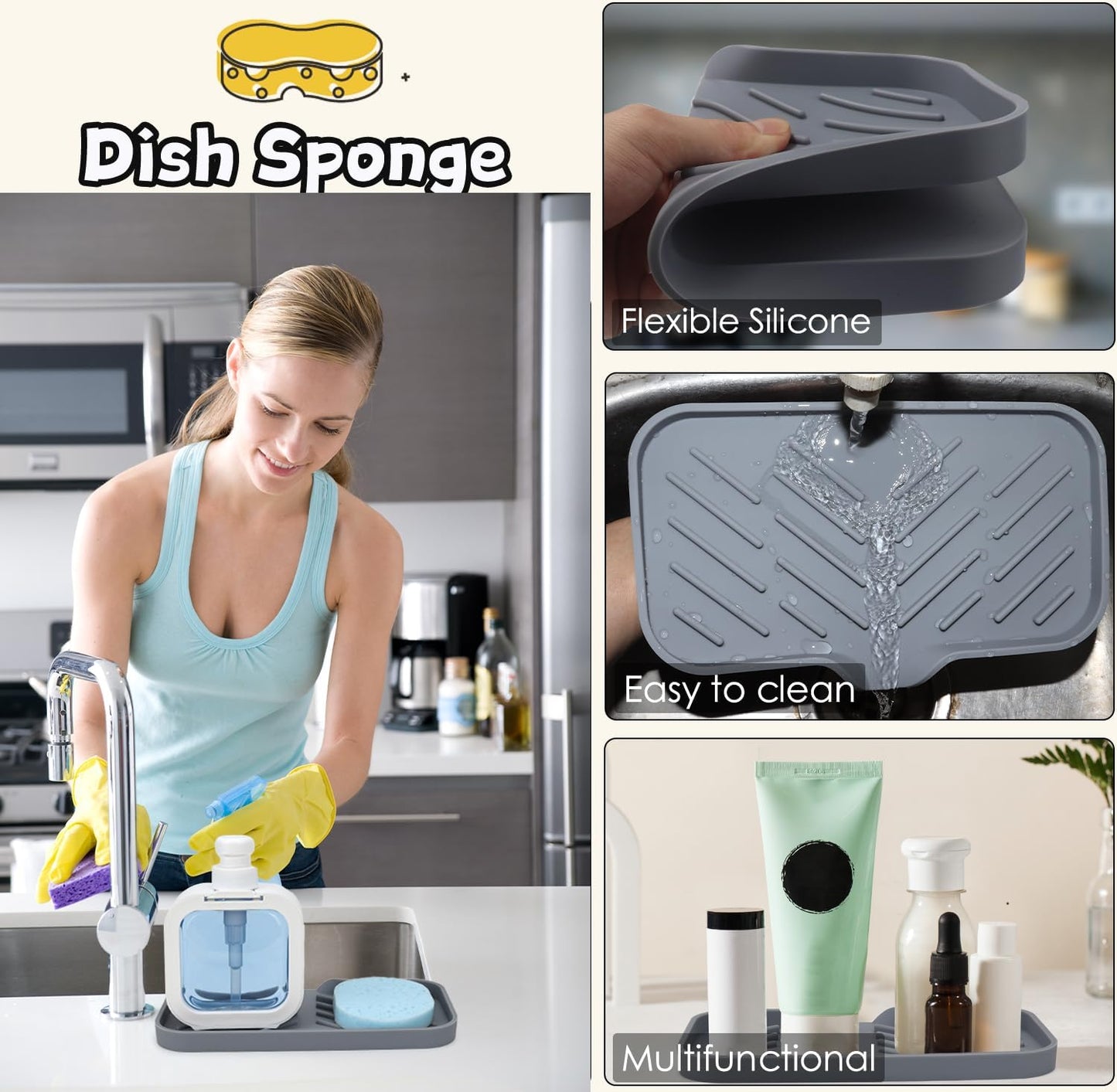 Yasmen Silicone Bathroom Soap Dishes, Sink Sponge Holder for Kitchen, Rubber Soap Dish with Drain, Shower Soap Sponge Tray, Sink or Counter Organizer, for Bar Soap, Bottle, Dish Soap Dispenser-Grey