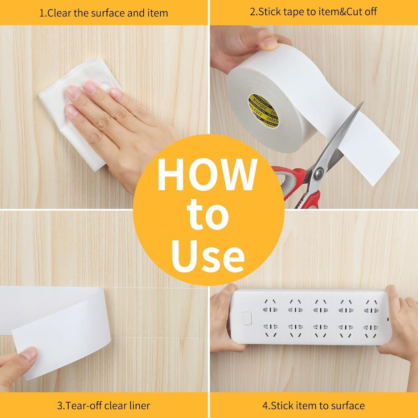 4Pack Double Sided Tape Heavy Duty, 2in x 66FT, Universal High Tack Strong Wall Adhesive with Fiberglass Mesh, Super Sticky Resistante Clear Tape, Easy Use Mounting Tape White