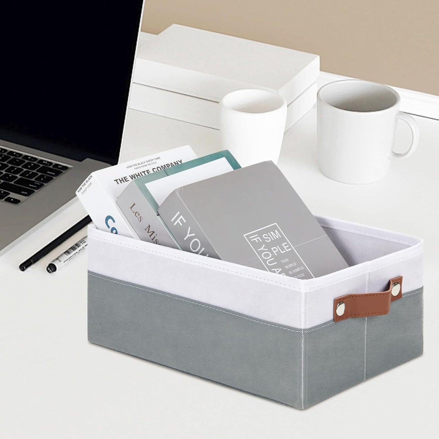 DULLEMELO Small Storage Basket for Organizing, Grey Basket Cloth Storage Bins for Shelves, Foldable Fabric Bins for Home Storage and Organization, White&Deep Grey, 1-Pack