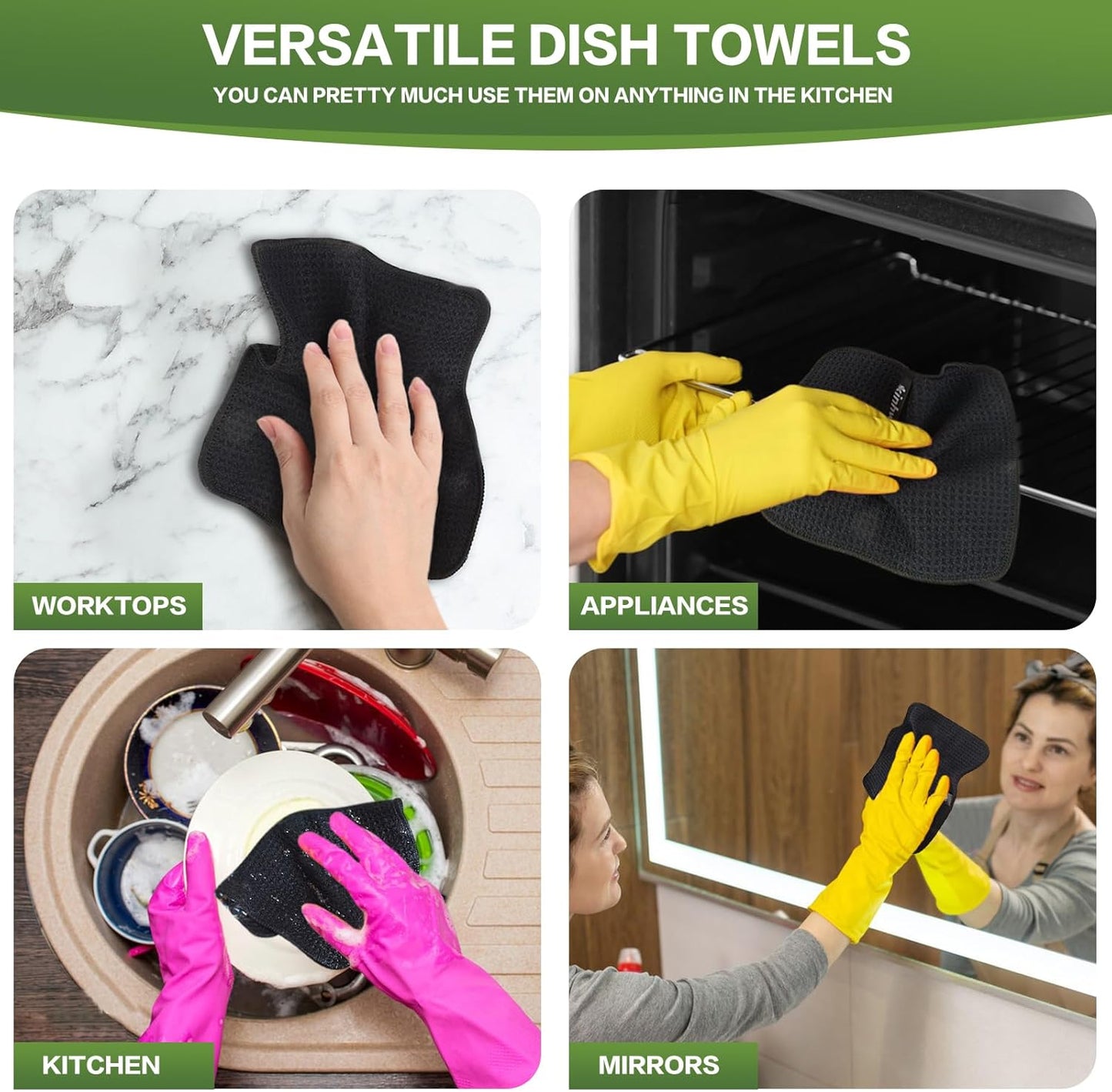 KinHwa Dish Cloths for Washing Dishes Kitchen Towels Microfiber Dish Towels for Kitchen Dish Towels Absorbent 8inch x 8inch 6 Pack (Black, 8in x 8in 10 PC)