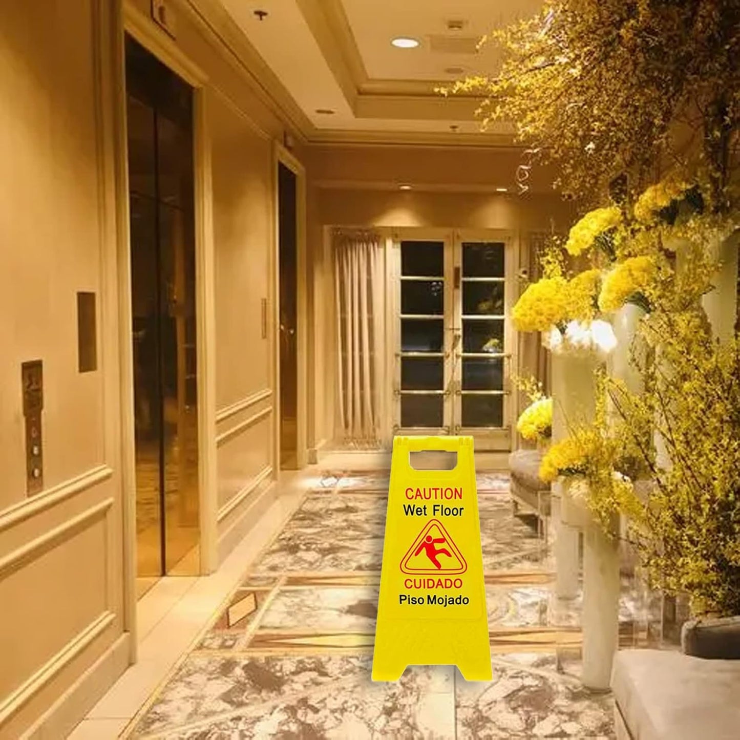 6-Pack Caution Wet Floor Signs | Foldable Sturdy Double-Sided Bilingual Saftey Warning Signs | Cuadado Piso Mojado| Avoid Fall & Slip Accident | Bright Yellow