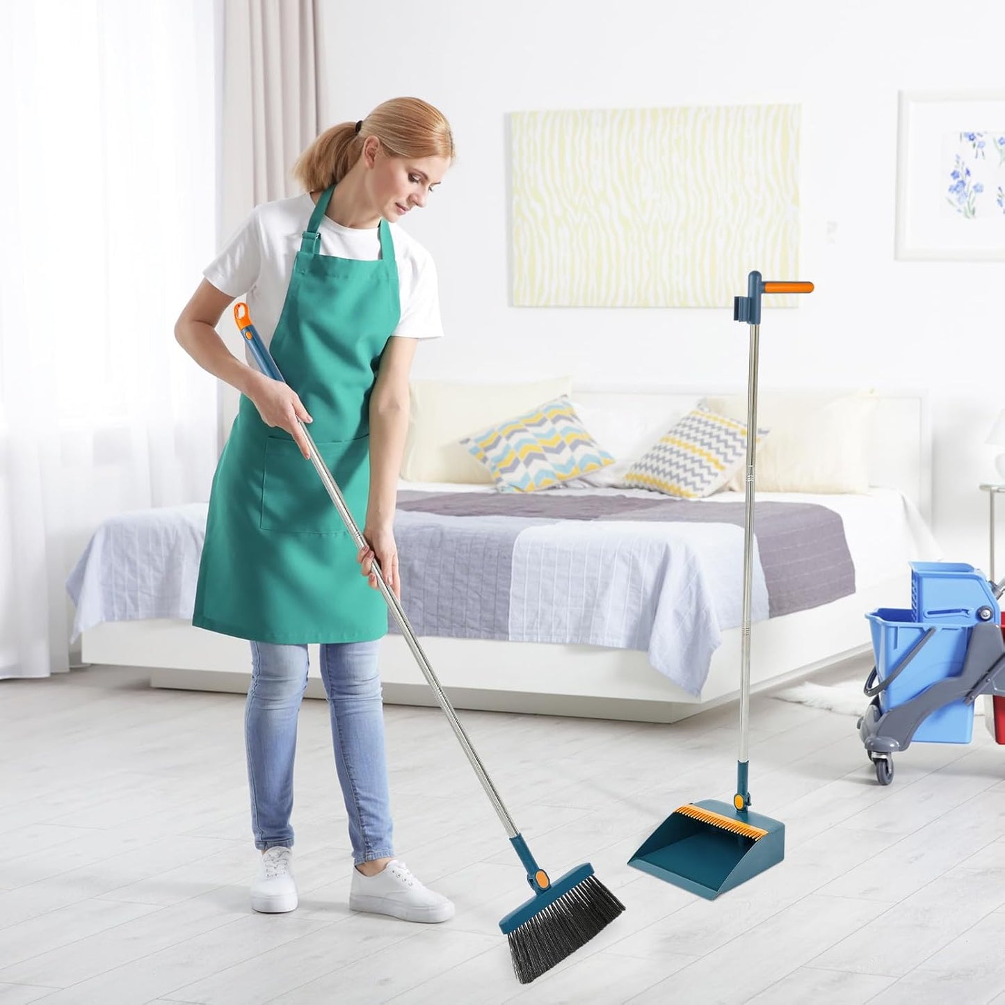 Suclain 4 Set 8 Pcs Broom and Dustpan Set 47 Inch Long Handle Brooms for Sweeping Indoor Household Dustpans for Indoor Outdoor Kitchen Floor(Blue)