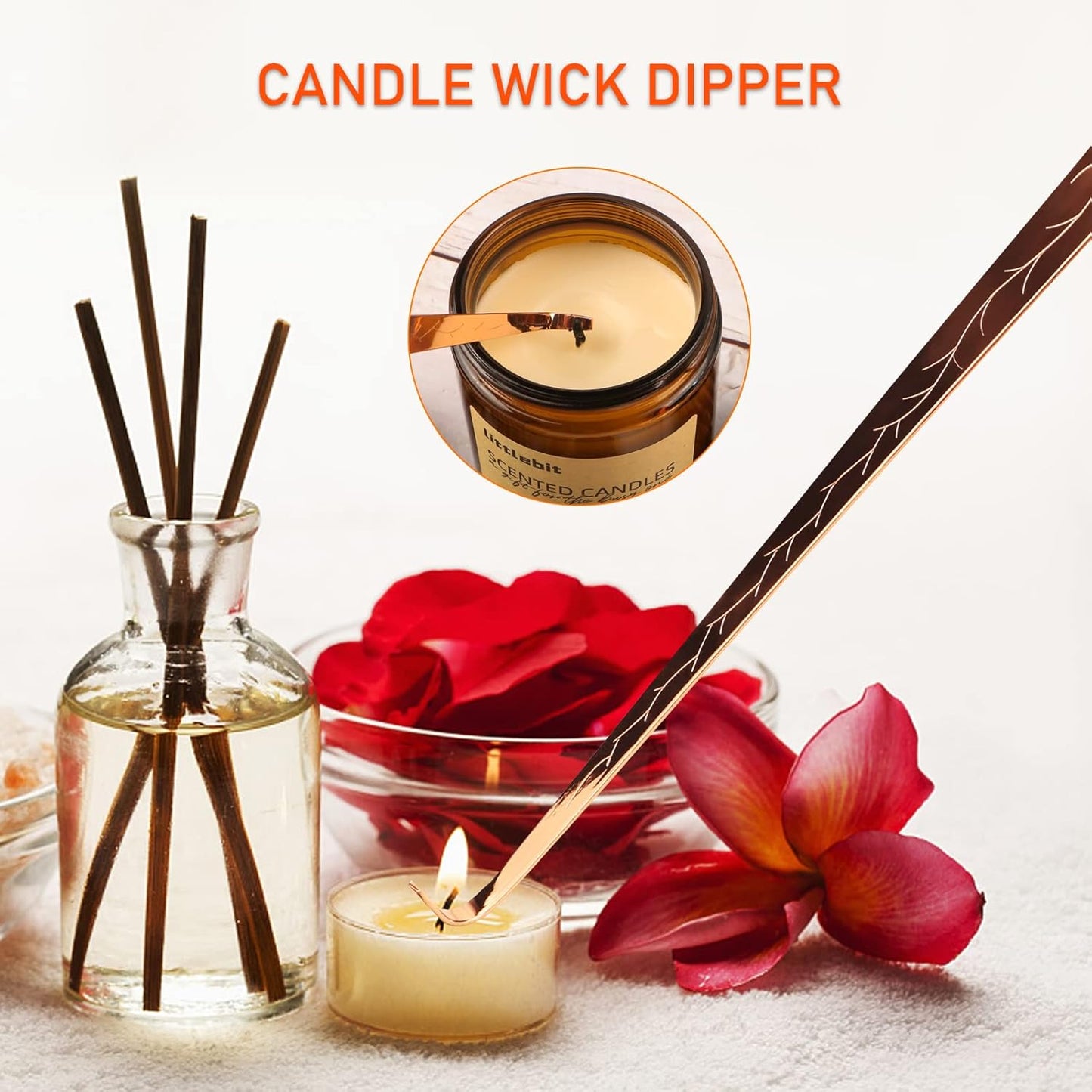 5 in 1 Candle Accessory Set, Candle Wick Trimmer Cutter, Candle Snuffer & Candle Wick Dipper,USB Rechargeable Lighter, Storage Tray Plate for Candle Lover Mom Gift, Candle Care Kit (Rose Golden)