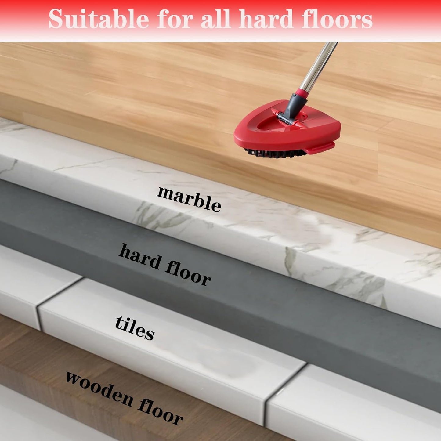 Spin Mop Replacement Handle and Mop Base Replacements for OCeda EasyWring 1-Tank Spin Mop System,4-Section Iron Mop Handle 30-58in and 1 Mop Base and 1 Scrub Brush Cover Set Combo, Red