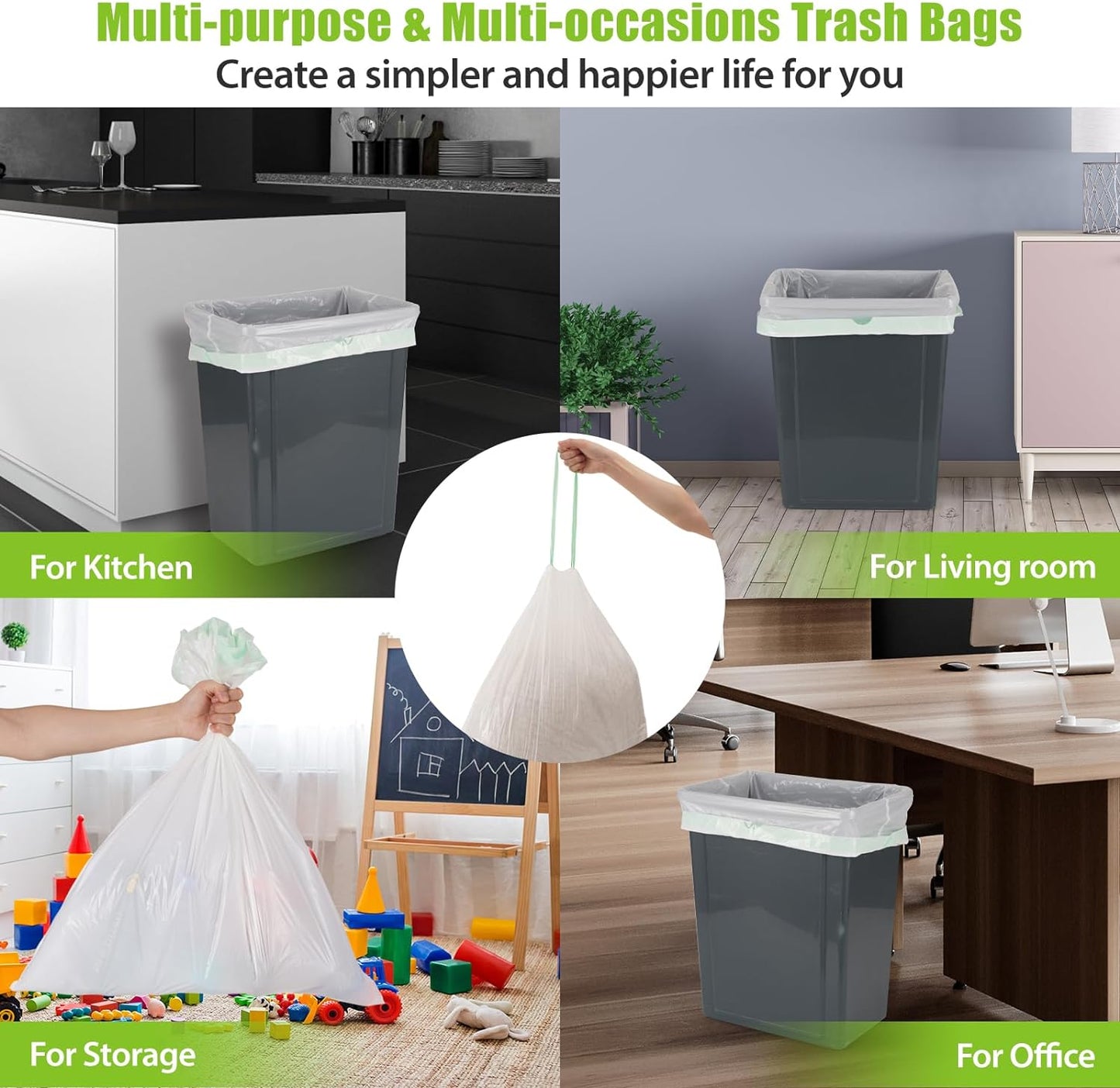 Large Trash Bag 13 Gallon Tall Drawstring 100% Post-Consumer Recycled Garbage Bag Waste Bag for Kitchen Office 0.8 Mil (300 Count)