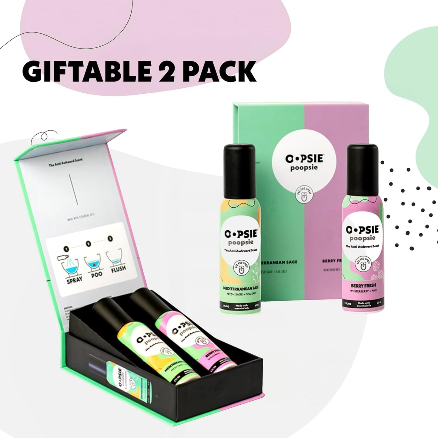 Oopsie Poopsie - Mediterranean Sage and Berry Fresh- Before & After You Go Toilet Spray 2oz Each - Gift Set - Portable Odor Eliminator - 2 Pack