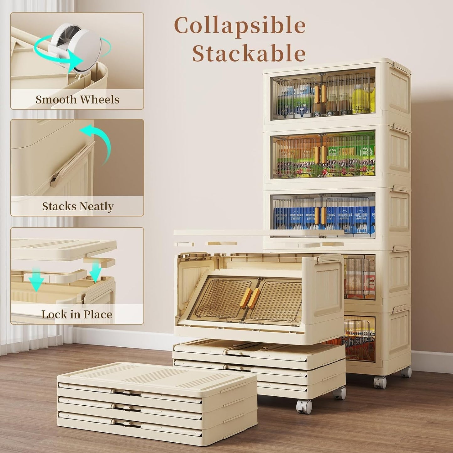 28 Qt Plastic Storage Bins with Lid, Collapsible Closet Organizer and Drawers, Stackable Storage Containers with Wheels, 5Pack