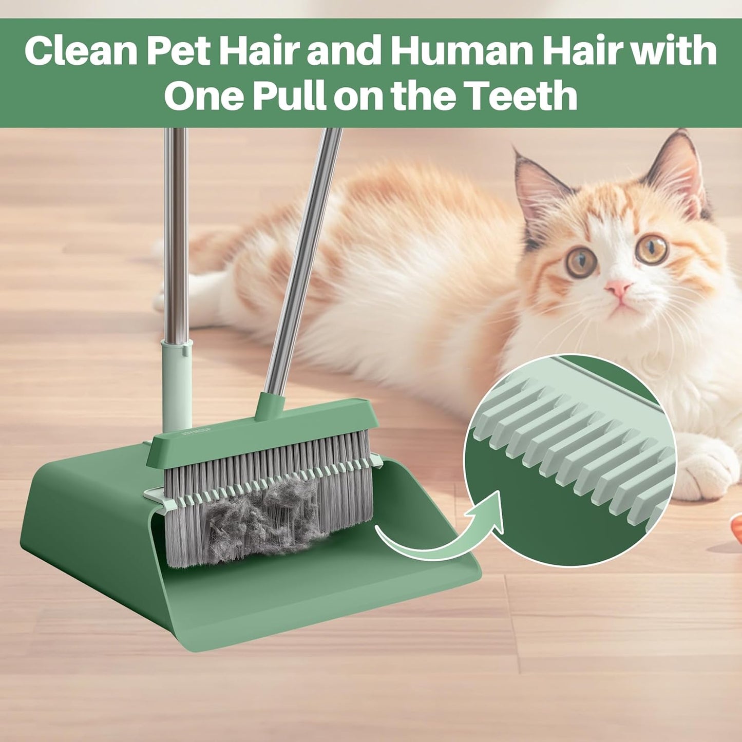 JOYMOOP Dark Teal Green Broom and Dustpan Set, Upright Angle with Built-in Comb Teeth, Ideal for Home, Office, Hardwood, Pet Hair