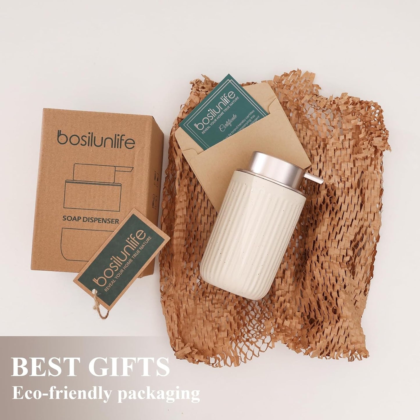 BosilunLife Foam Hand Soap Dispenser - Ceramic Foaming Soap Dispenser for Bathroom 12oz Refillable Liquid Lotion Soap Dispenser with Rust-Proof Foaming Pump for Countertop