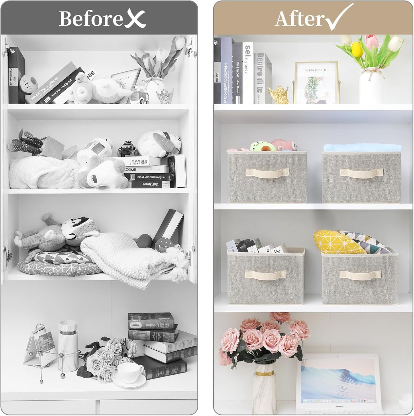 Storage Baskets, 11-Inch Woven Fabric Bins, Storage Cubes with Reinforced Handles, Organizer Bins for Closet Shelves, Foldable, for Toys, Clothes, Natural Beige (2PCS/Beige-11*11*7.8inch)