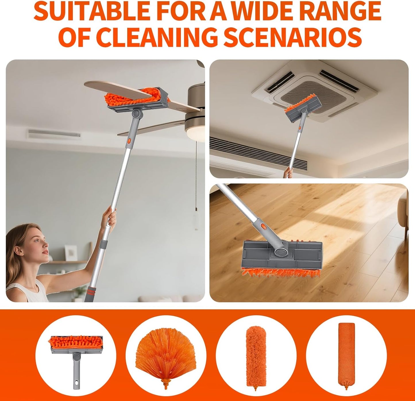 Ceiling Fan Cleaner Duster with 72‘’ Extendable Long Handle Cleaning Duster Kit, Reusable Chenille & Microfiber Mop Head for High Ceiling Fan Blade Wall Blinds Cobweb