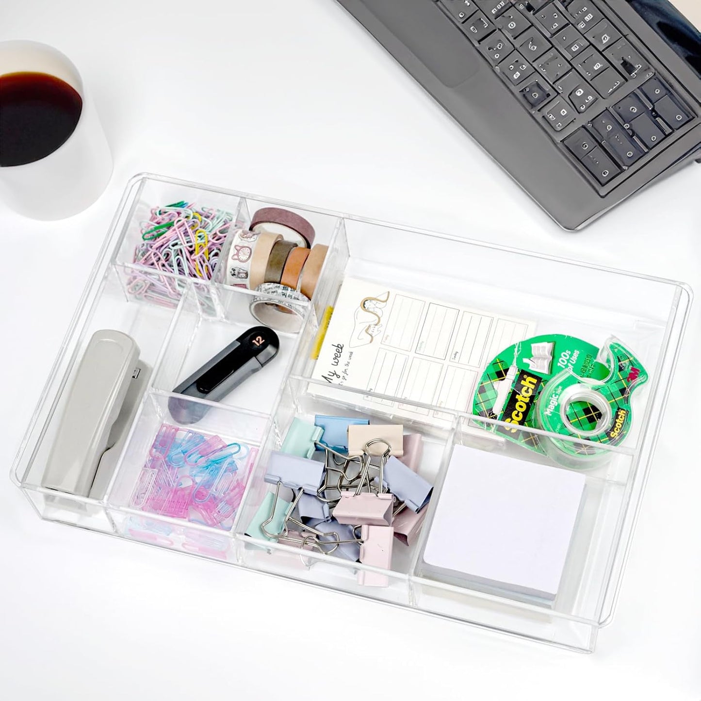 8-Section Clear Drawer Organizer, Large Acrylic Drawer Divider Tray for Desk,Bathroom,Office Makeup,Junk, Plastic Drawers Organizer 13.7" x 8.7" x 2" (8-Section)