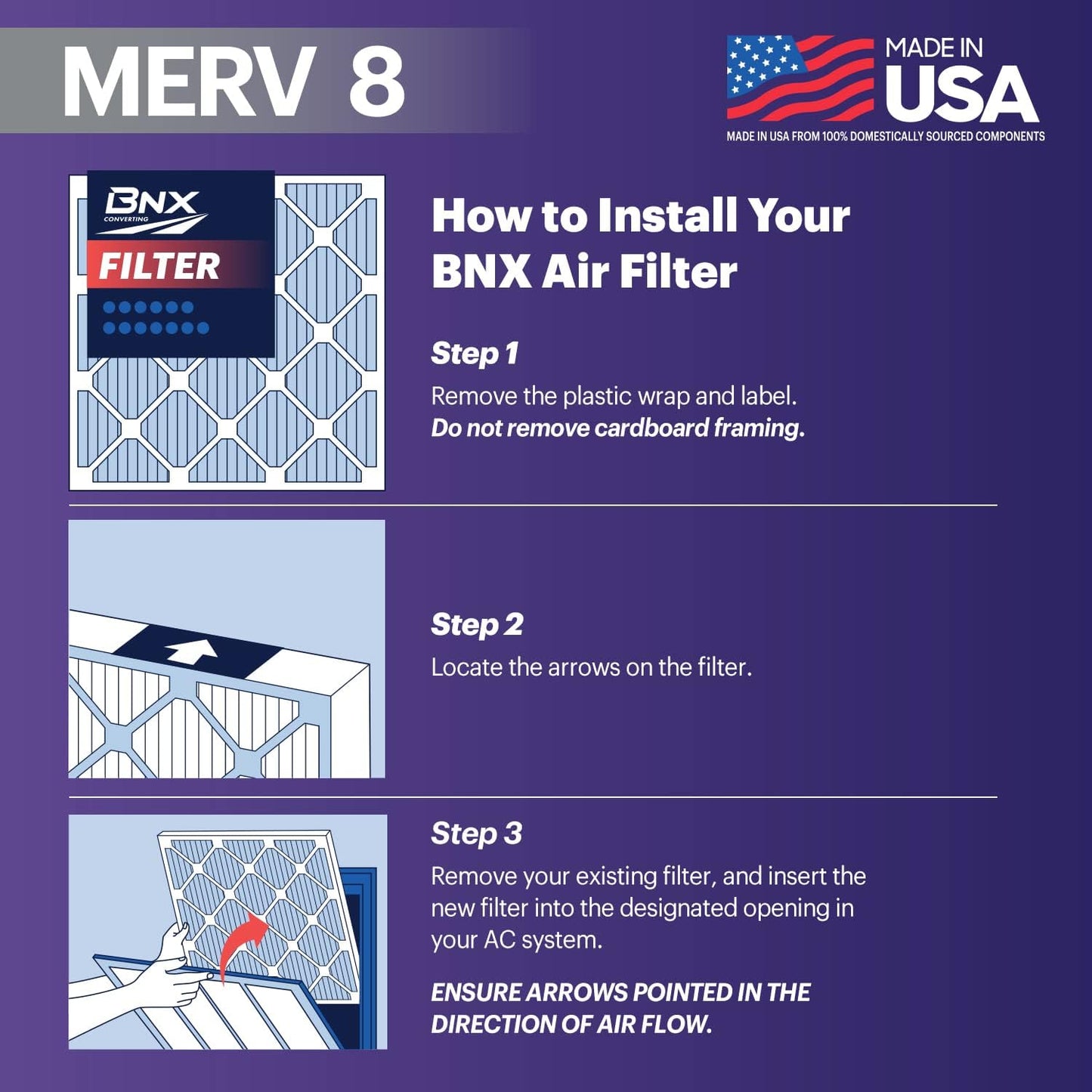 BNX TruFilter 16x25x1 Air Filter MERV 8 (6-Pack) - MADE IN USA – Dust & Pet Defense Electrostatic Pleated Air Conditioner HVAC AC Furnace Filters for Dust, Pet, Mold, Pollen MPR 600 – 700 & FPR 5