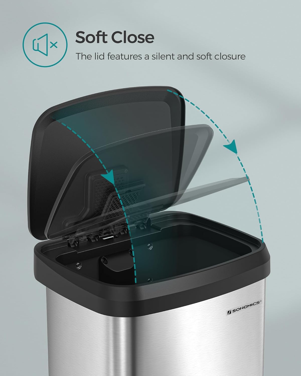 SONGMICS Kitchen Trash Can, 13 Gallon (50 L) Stainless Steel Garbage Can, with Stay-Open Lid and Step-on Pedal, Soft Closure, Tall, Large and Space-Saving, Silver and Black ULTB530E50