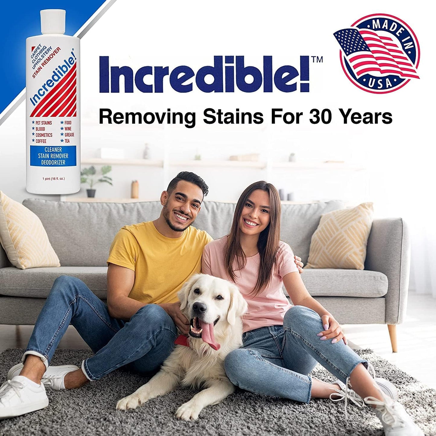 INCREDIBLE! Stain Remover - Instant Spot Remover For New and Old Stains - Blood, Red Wine, Coffee, Urine, Cosmetics, Pet Stains and Odor Eliminator - Carpets, Mattress, Laundry, 16.oz (2 Pack)