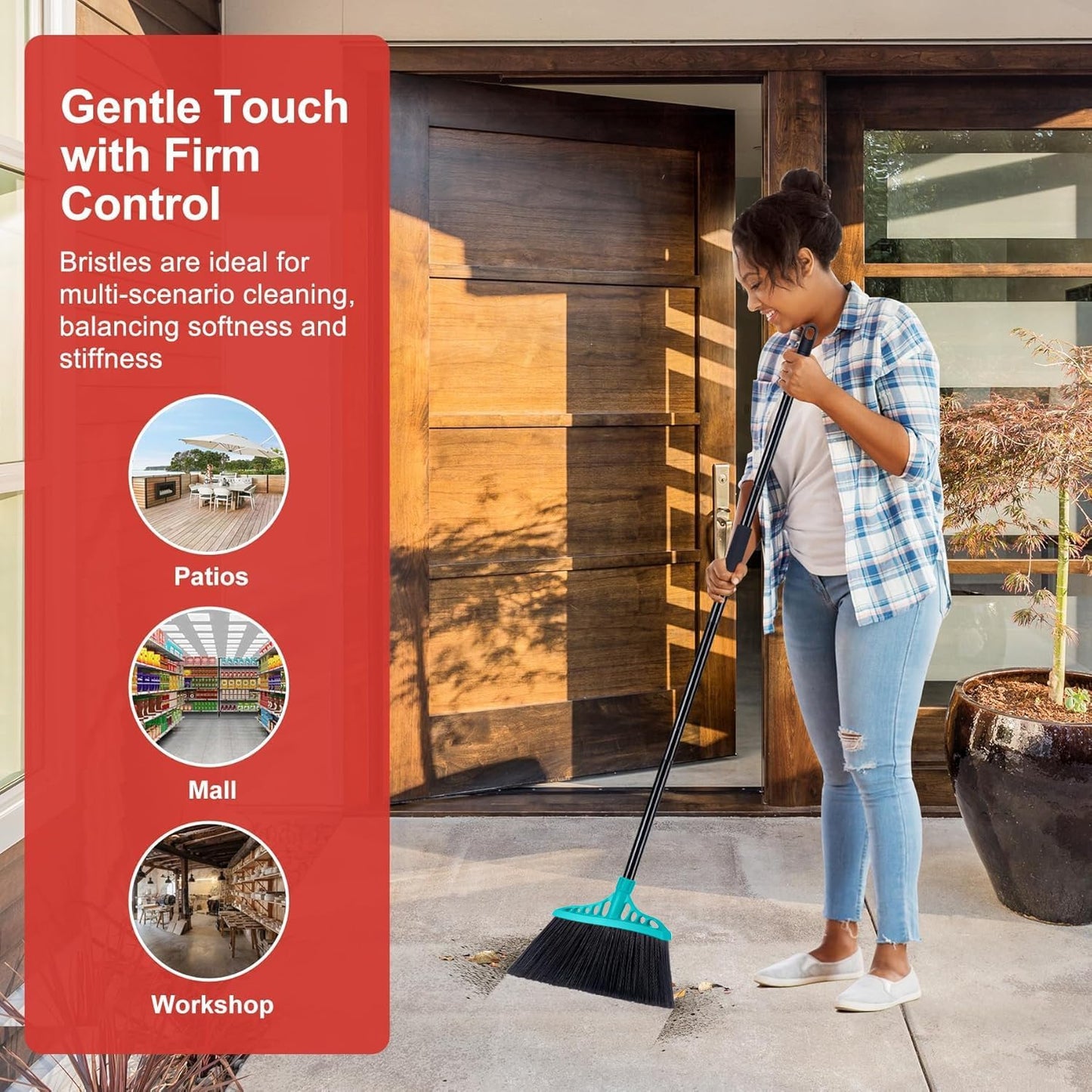 Outdoor Broom for Floor Cleaning, Heavy Duty Brooms with 55" Long Handle, Angle Brooms for Concrete Courtyard Home Patio Kitchen Shop Lobby Patio Lawn - Blue