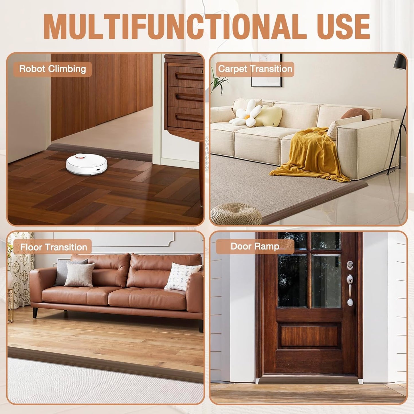 Floor Transition Strip Self Adhesive Vinyl Door Threshold for Doorways Carpet Edging Trim Overlap Edge Reducer for Laminate Floor, Carpet, Tile (Deep Brown Wood Grain, 1/5" to 2/5", 3.3Ft)