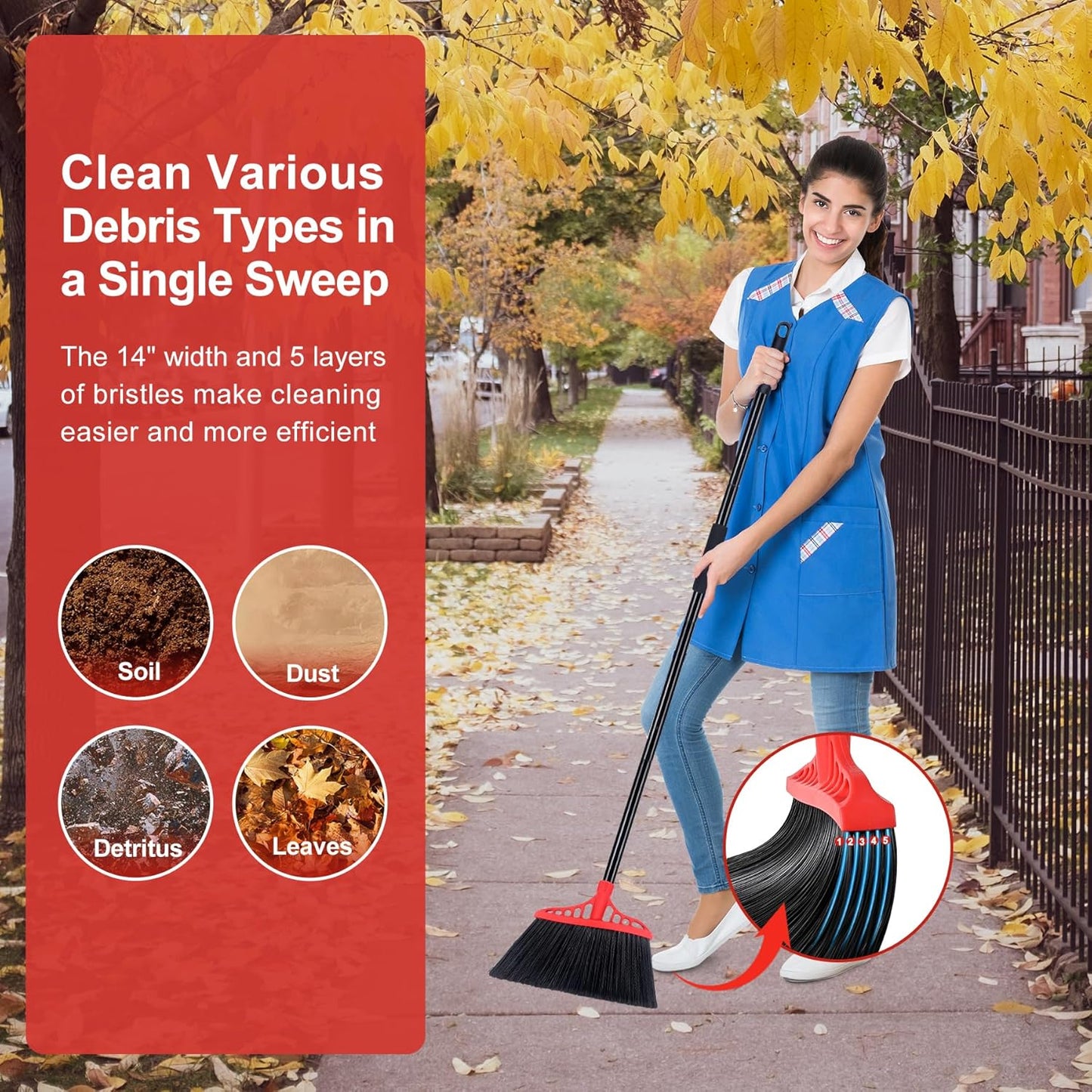 Heavy Duty Angle Broom - 55" Adjustable Iron Handle with Stiff Bristles - Commercial-Grade Indoor/Outdoor Broom for Garage, Patio, Kitchen, Sidewalk & Concrete Cleaning (Black & Red)