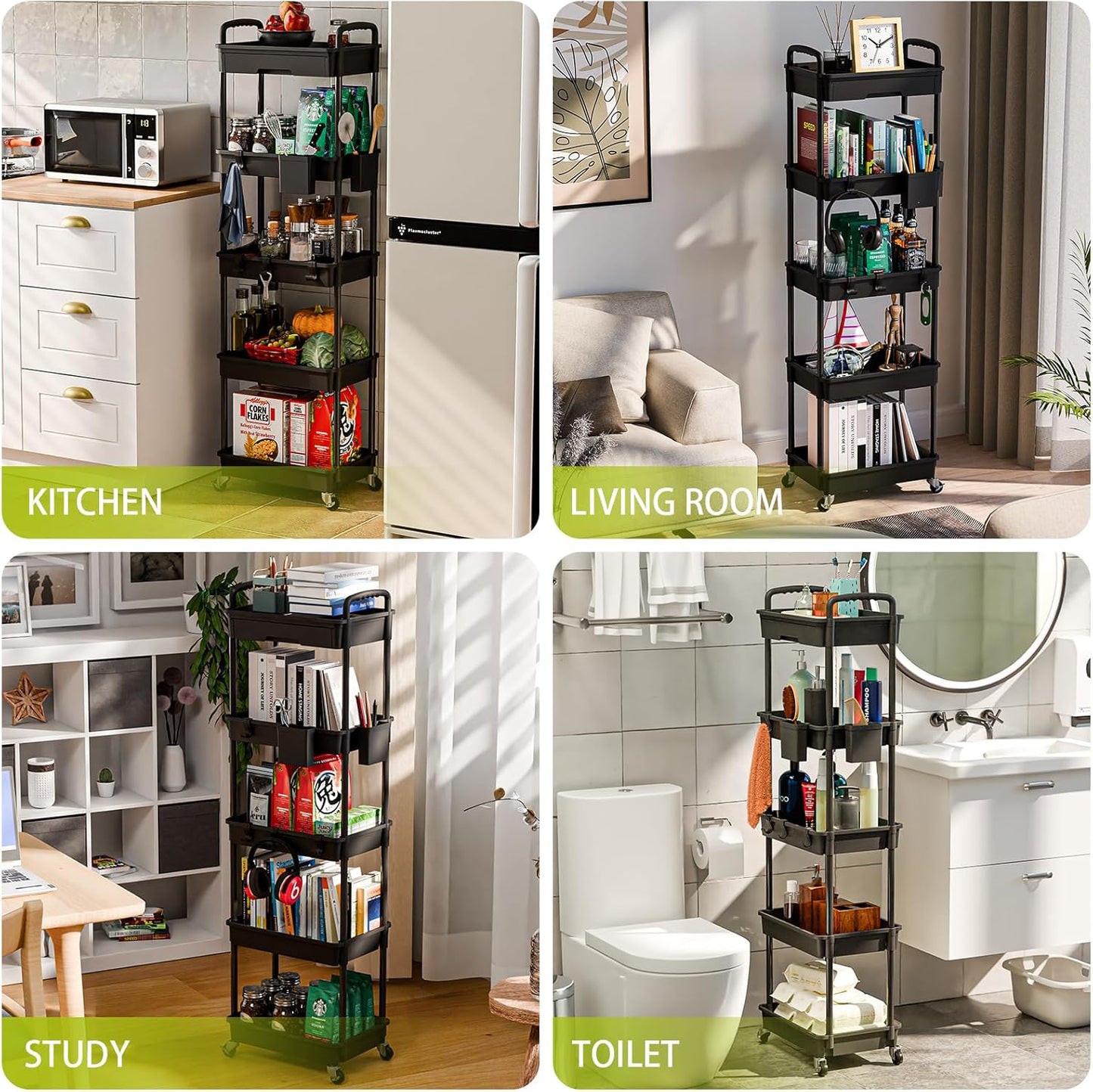 5 Tier Rolling Cart Organizer,Bathroom Cart Organizers with Wheels Laundry Room Organization Mobile Shelving Unit Utility Cart Storage Shelves Multi-Functional for Office, Home(Black)