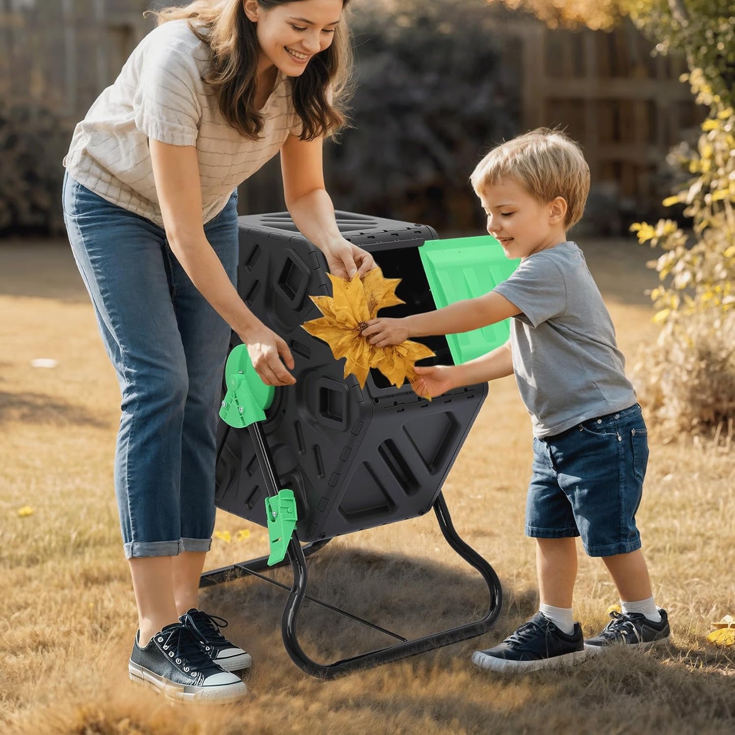 Athena Collection Compost Tumbler, 17 Gallon Single Chamber Outdoor Rotating Composter Bin with Gloves, Easy-Turn BPA-Free Plastic Compost Barrel for Backyard Garden, Patio, Kitchen Food Waste