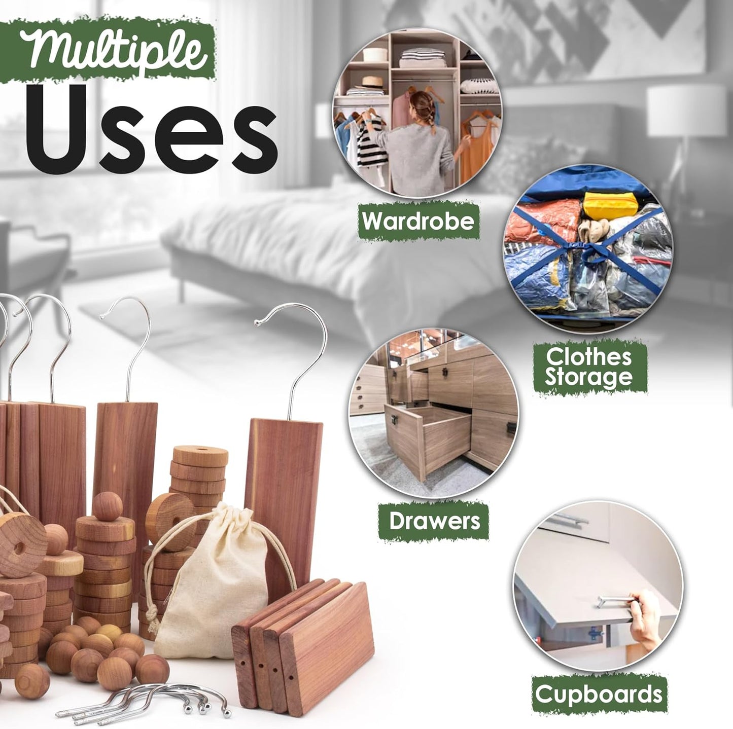 ecoKiwi Cedar Blocks for Clothes Storage Super Bundle Box - Cedar Hangers x10, Balls x30 & Rings x28-100% Natural Oil Planks & Chips for Closets & Drawers - Aromatic Red Cedar Wood with Sandpaper