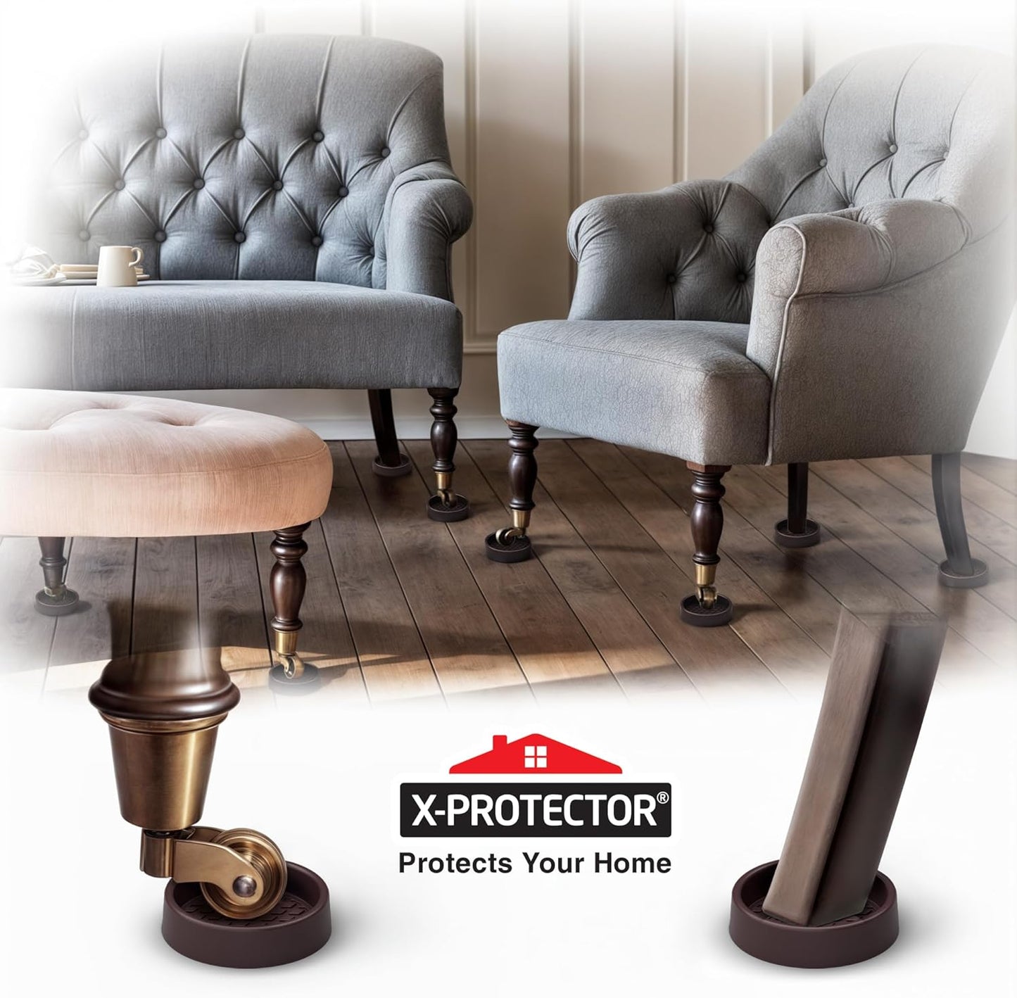 Furniture Cups X-PROTECTOR – 2" Caster Cups 8 PCS – Round Furniture Coasters – Ideal Bed Stoppers – Non Skid Furniture Pads with a Perfect Design – Rubber Furniture Pads - Protect Any Flooring!