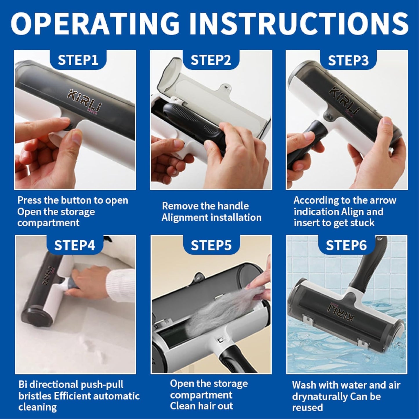 KIRLI Pet Hair Roller, Fur Remover Tool with Built-in Fur bin, Reusable Lint Roller for Pet Hair, Multi-Surface Furniture Clothing, Couch, Carpet, Bedding Cat and Dog Hair Remover (Black)