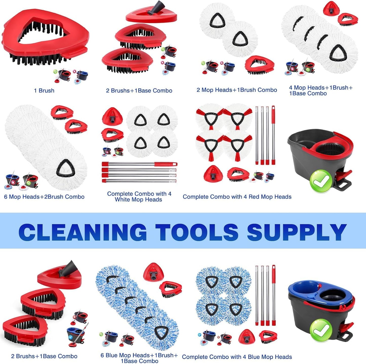 4 Pcs Mop Replace Heads & 1 Scrub Brush & 1 Base Combo for Ocedar Easywring 2-Tank System Microfiber Spin Mop Replacement Head,Machine Washable for Bathroom,Kitchen,Tub and Tile(Blue)