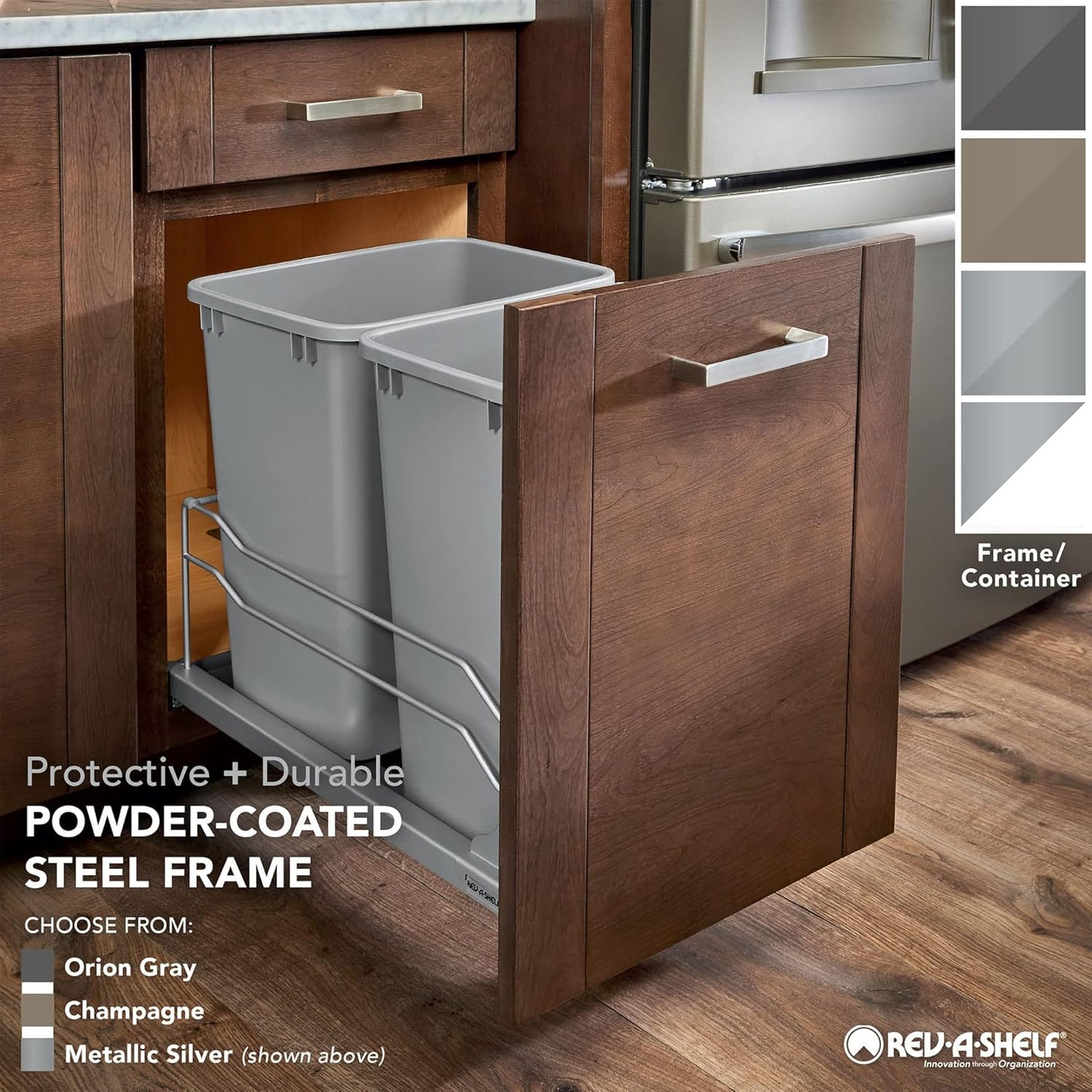 Rev-A-Shelf Double Pullout Trash Cans for Full Height Kitchen Cabinets 50 Quart 12.5 Gallon with Soft-Close Slides, White, 53WC-2150SCDM-211