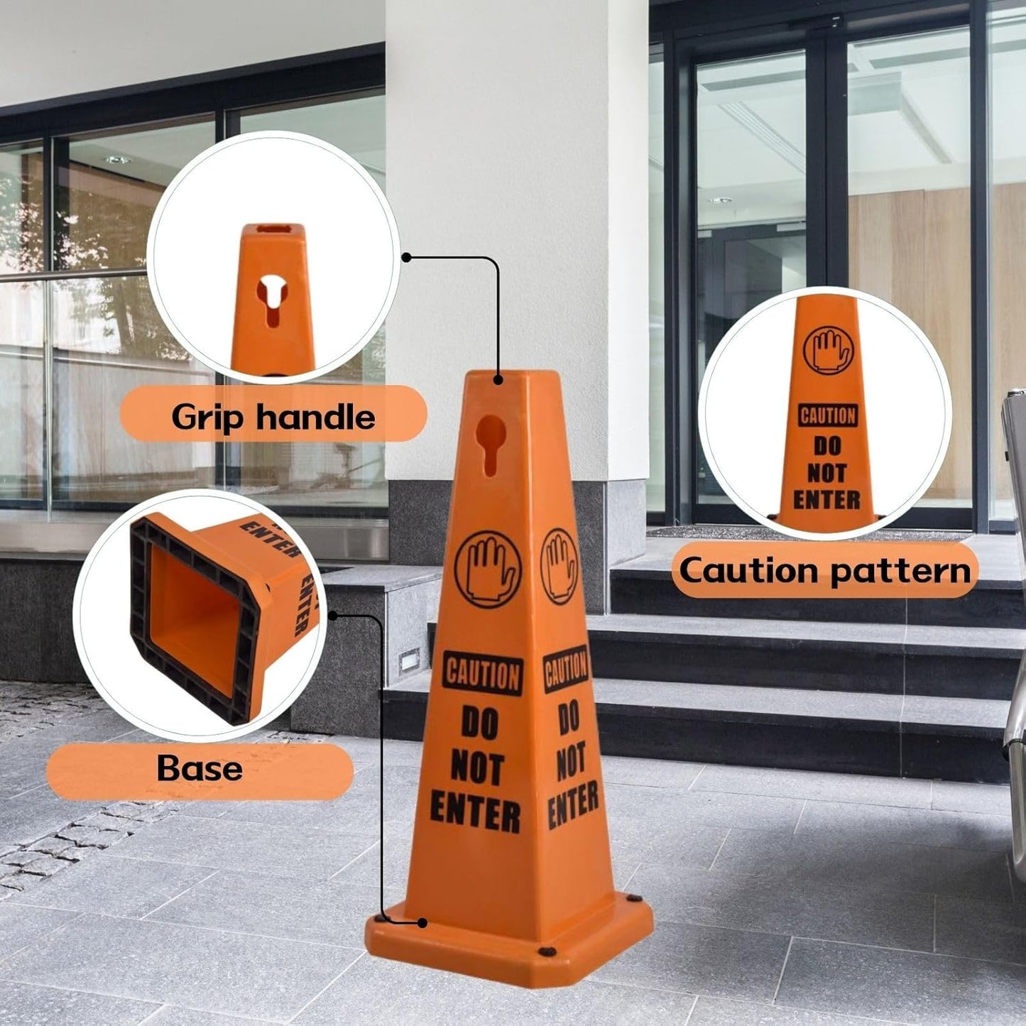 4-Pack 26.5" Caution Cones, 4-Sided Visible Safety Signs with Heavy Rubber Base, Warning for Slip & Fall Prevention, Indoor/Outdoor Use (Orange, 4Pcs-Do Not Enter)