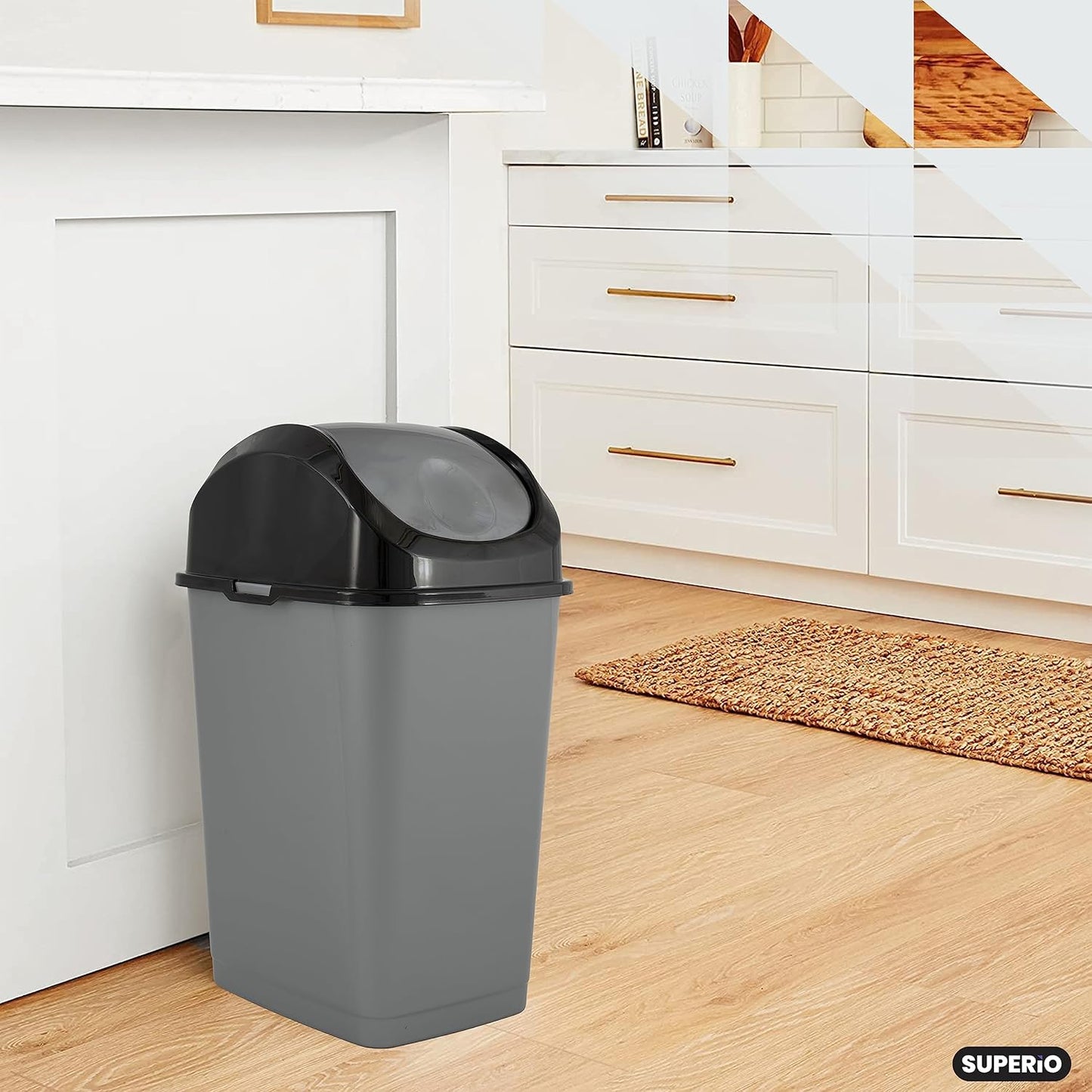 Superio Trash Can with Swing Top Lid 9 Gallon, Grey and Black Slim Waste Bin Durable Plastic 37 Qt Fit Small Spaces, Office, Bathroom, Under