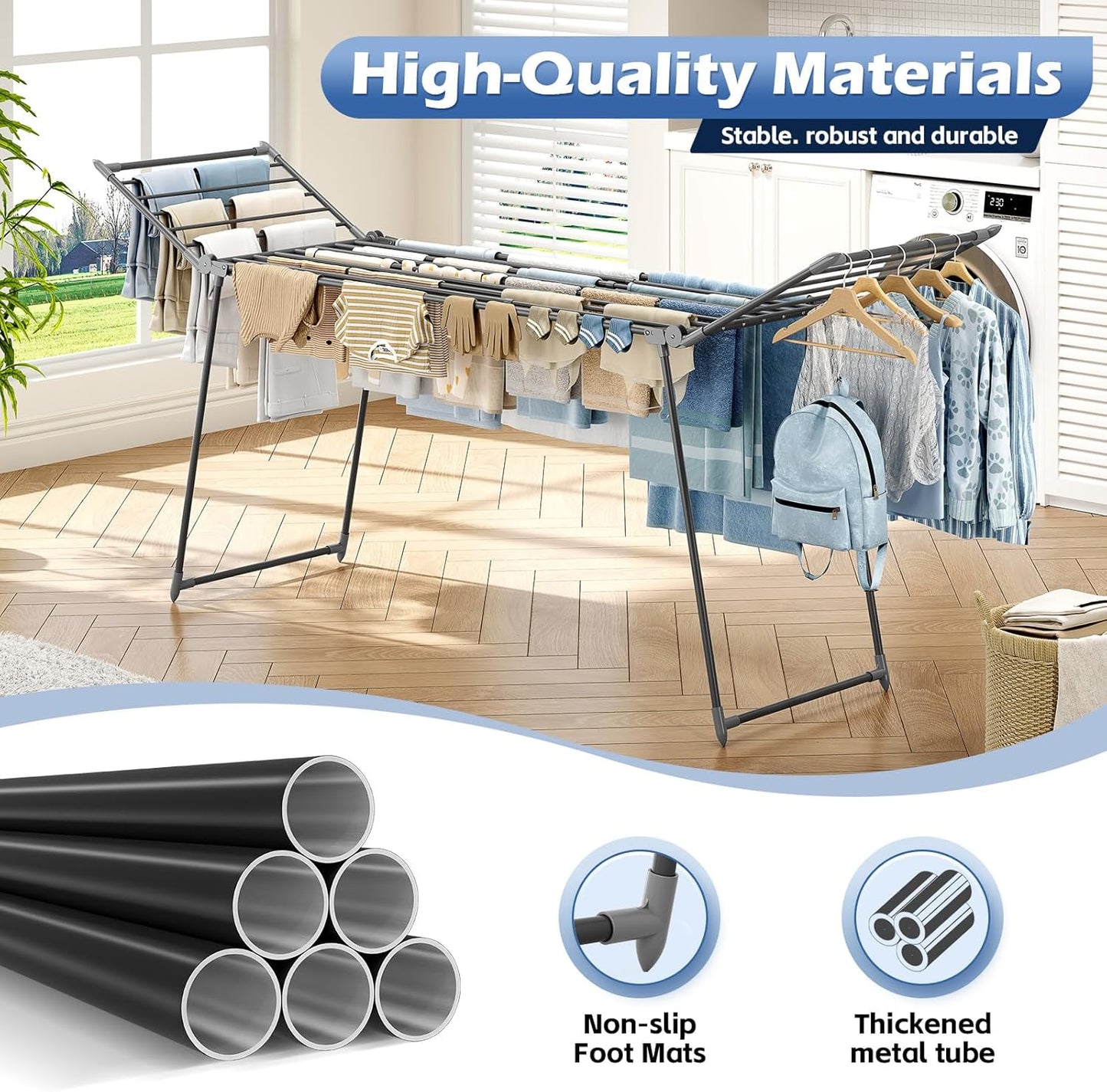 APEXCHASER Clothes Drying Rack Foldable, Large Drying Rack Clothing Retractable, Metal Clothes Airer for Bedding Towel Sweater Heavy Duty, Indoor Outdoor Use, 21.9"W x 100"L x 39"H, No Assembly, Grey