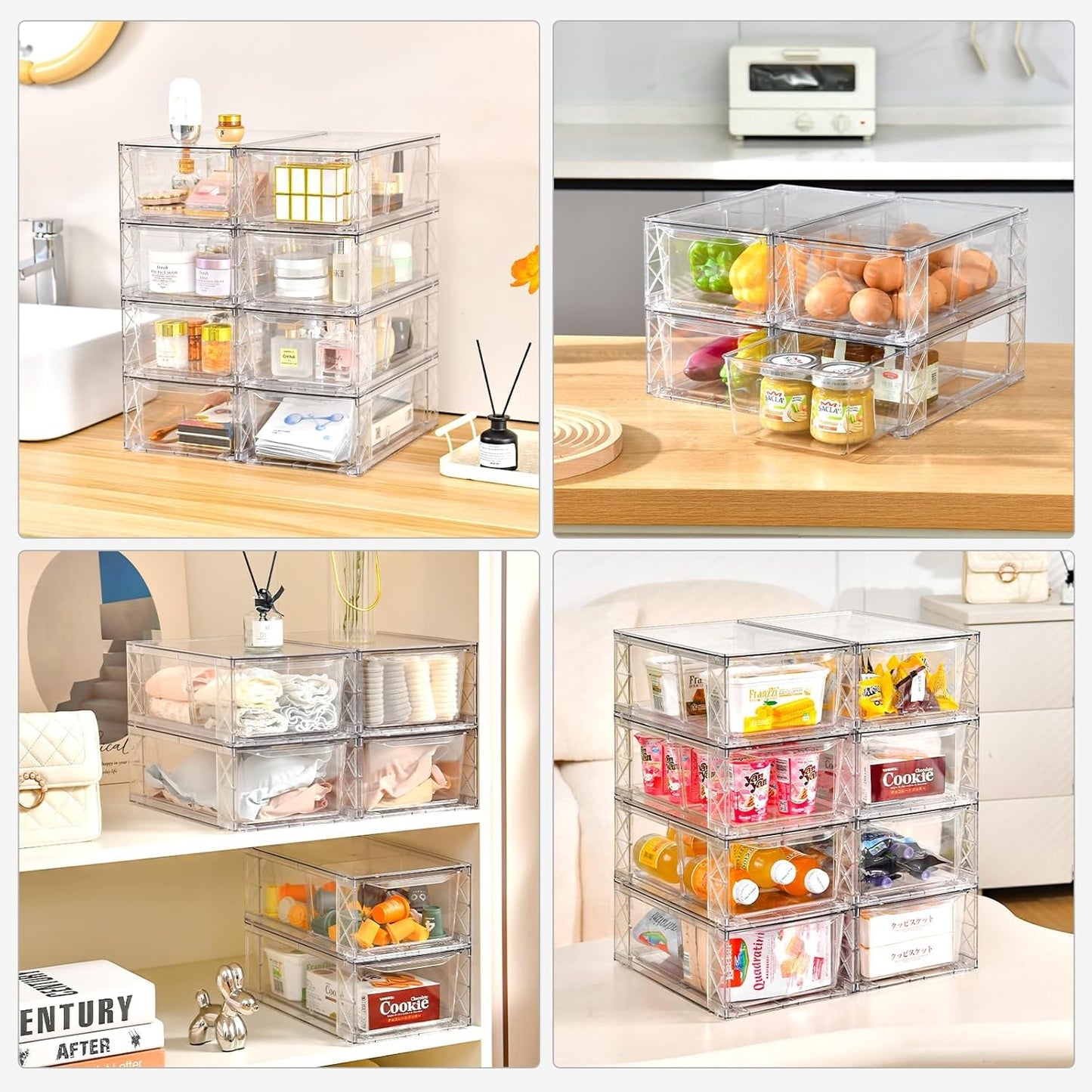 6Pack Pantry Organizers and Storage,Clear Stackable Kitchen Storage Organizer,Foods Organizer Bins with Handles, Easily Assemble for Bathroom, Kitchen, Refrigerator, Pantry, Cabinet, Closet
