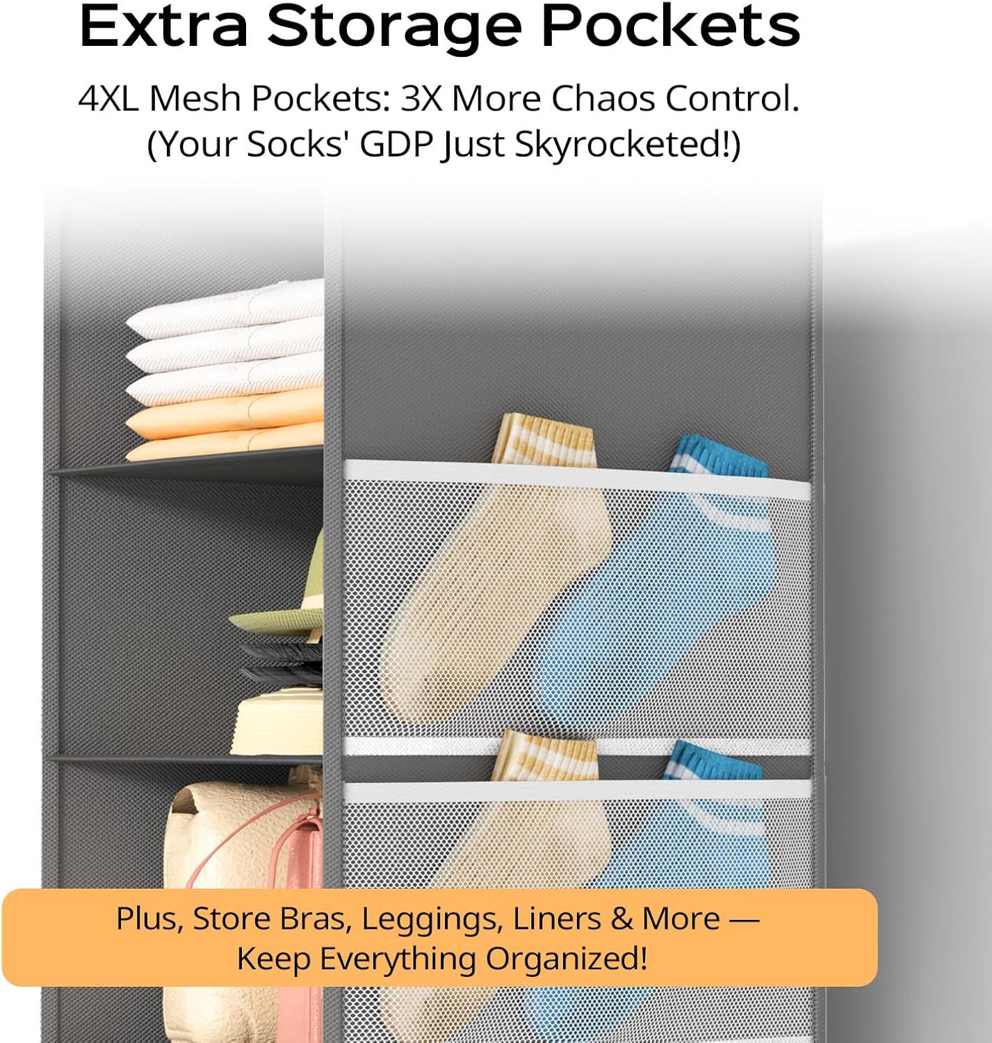Extra Deep Hanging Closet Organizer with 6 Shelves and Oversized Mesh Pockets, Heavy-Duty Structure, No Deformation, Max Storage for Clothes, Shoes, Hats, Dorms and RVs, Grey,1-Pack