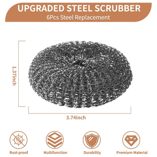 6PCS Steel Wool Scrubber Wire Sponge Set, Barbecue Grill Cleaning Scrubber Pads, Stainless Steel Scrubber Replacement for Scouring Messes from Cast Iron, Pots, Pans, Grill, Stoves, Sink (6 Pads)