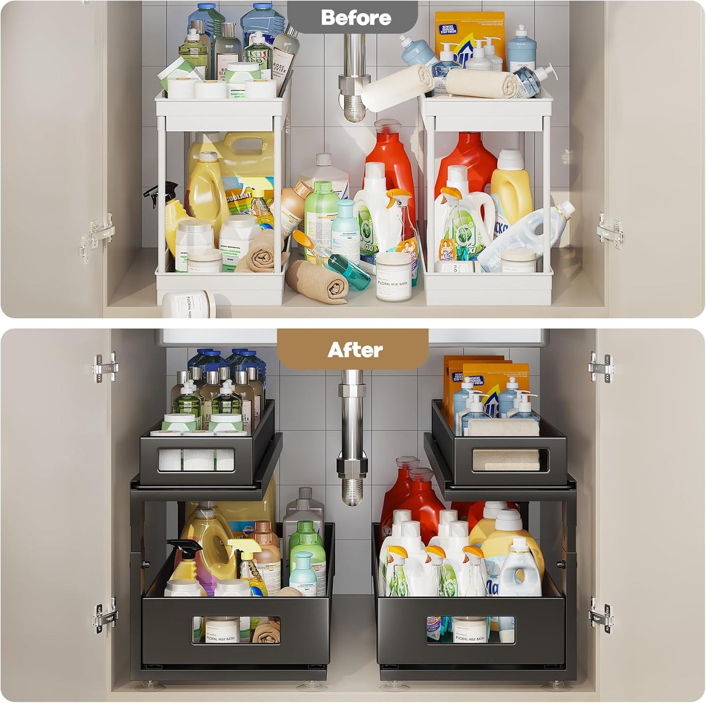 2 Pack 21.3IN-Depth Under Sink Organizer with Next-Gen Ball-Bearing Slides,2-Tier Pull Out Cabinet Storage,Height Adjustable Drawer Shelf for Bathroom,Kitchen,Laundry,Cabinet,Pantry-Black