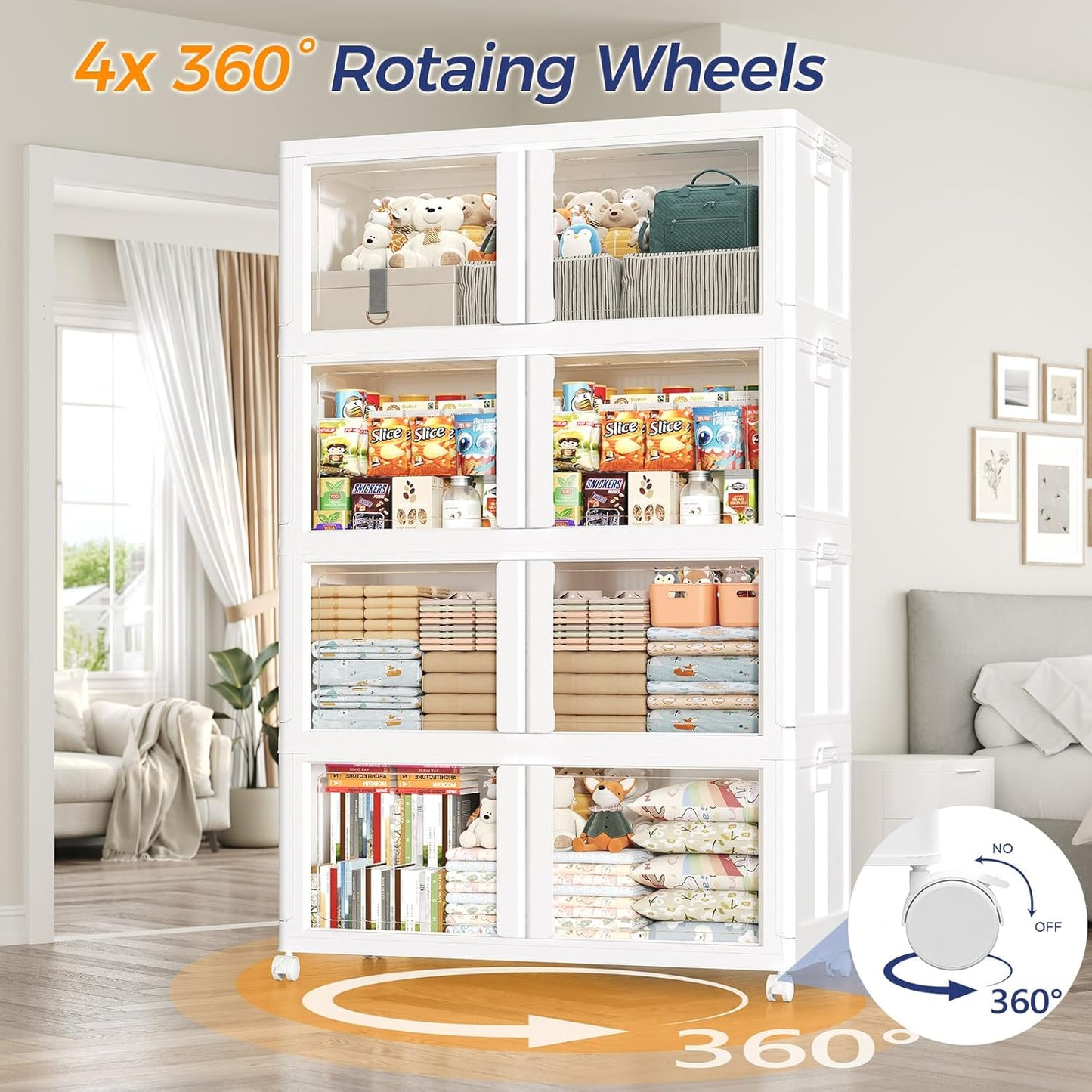 600Qt Stackable Storage Bins with Lid and Wheels, 150Gal Plastic Closet Organizer and Storage Drawer, Large Collapsible Storages Box Cabinet with Clear Door for Home Kitchen, 3Pack White