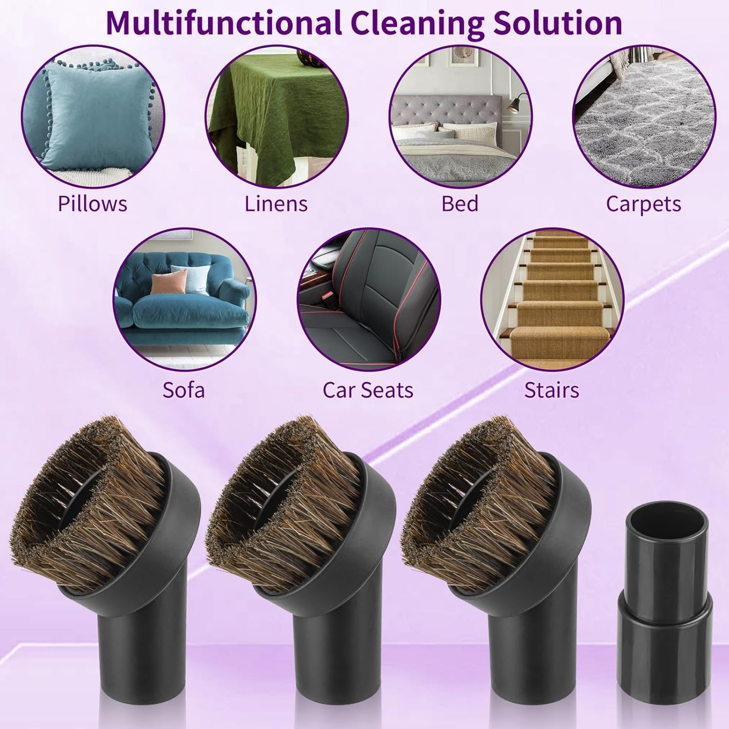 4 Pcs 25mm Horsehair Round Brush Vacuum Brush Attachment with 1-1/4 to 1-3/8 inch Hose Adapter for 1.25 inch/32mm Inner Diameter Vacuum Cleaner, Vacuum Attachment for Most Household Vacuum Cleaners