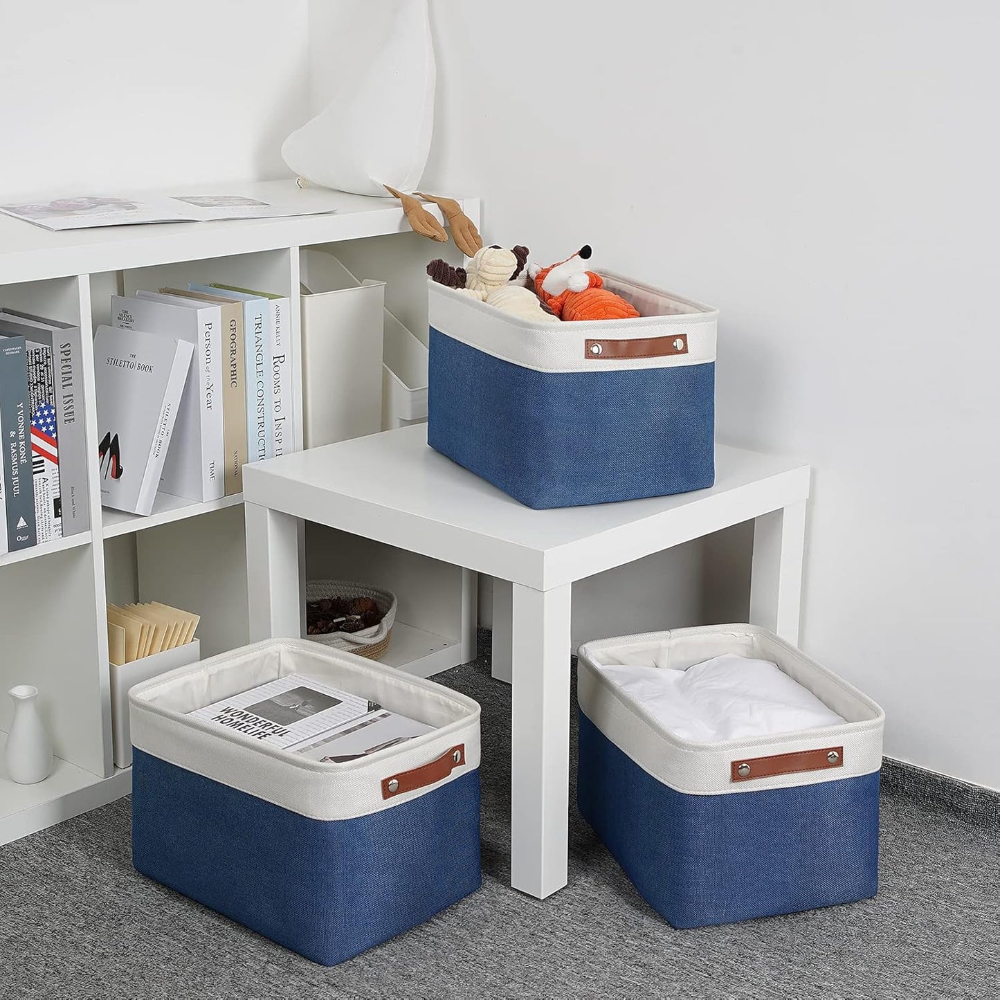 DULLEMELO Fabric Storage Basket for Closets,15x11x9.5 inch Foldable Storage Basket Bin with Handles for Office, Closet,Bedroom (White&Blue,1 Pack)