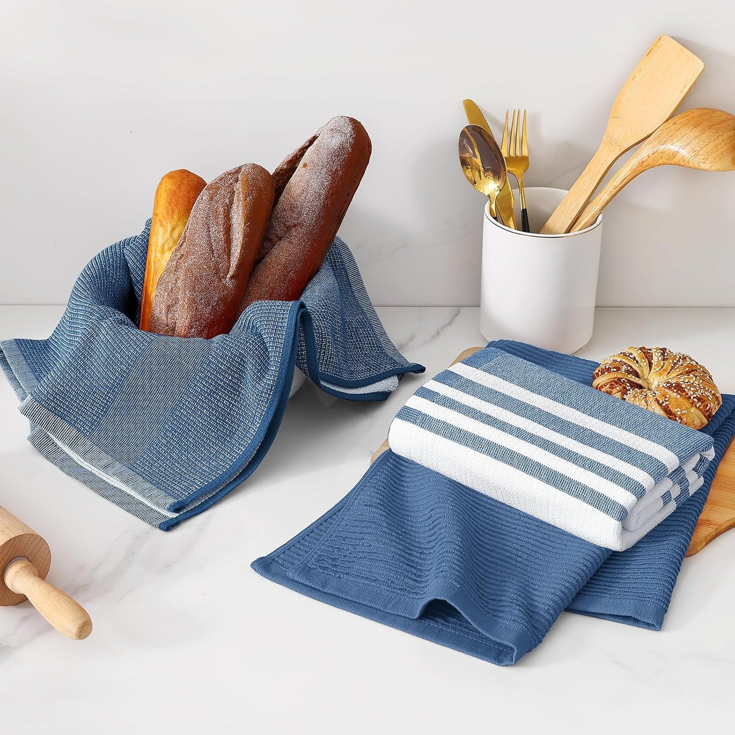 Homaxy Premium Kitchen Towels(18”x 28”, 6 Pack), Large Cotton 380 GSM Kitchen Hand Towels, Soft and Absorbent Terry Dish Towels, Multipurpose Tea Towel Set with Hanging Loop, Navy Blue