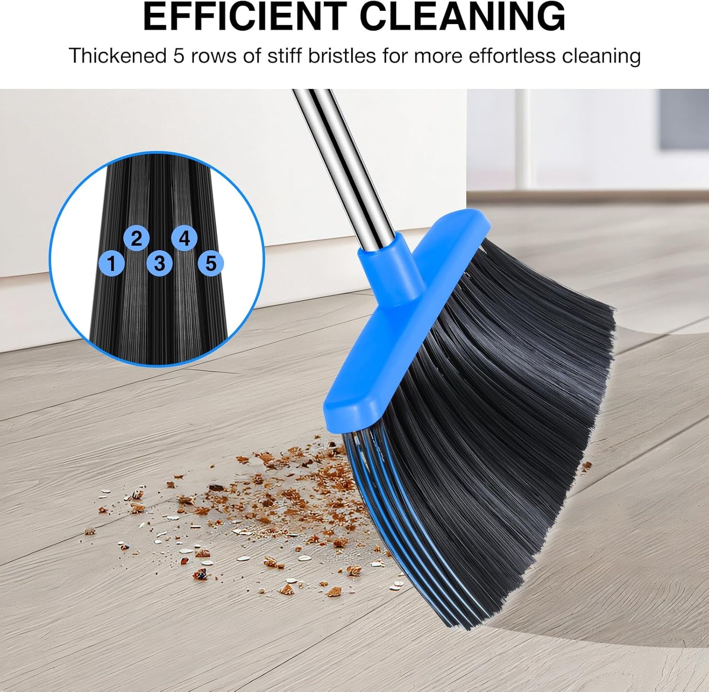 NACENA Broom and Dustpan Set, 52-in Long Adjustable Handle Broom Dustpan Combo with Dustpan Teeth to Automatically Clean Hair Suitable for Home Kitchen Office Hall Floor (Black&Blue), 2 Pack