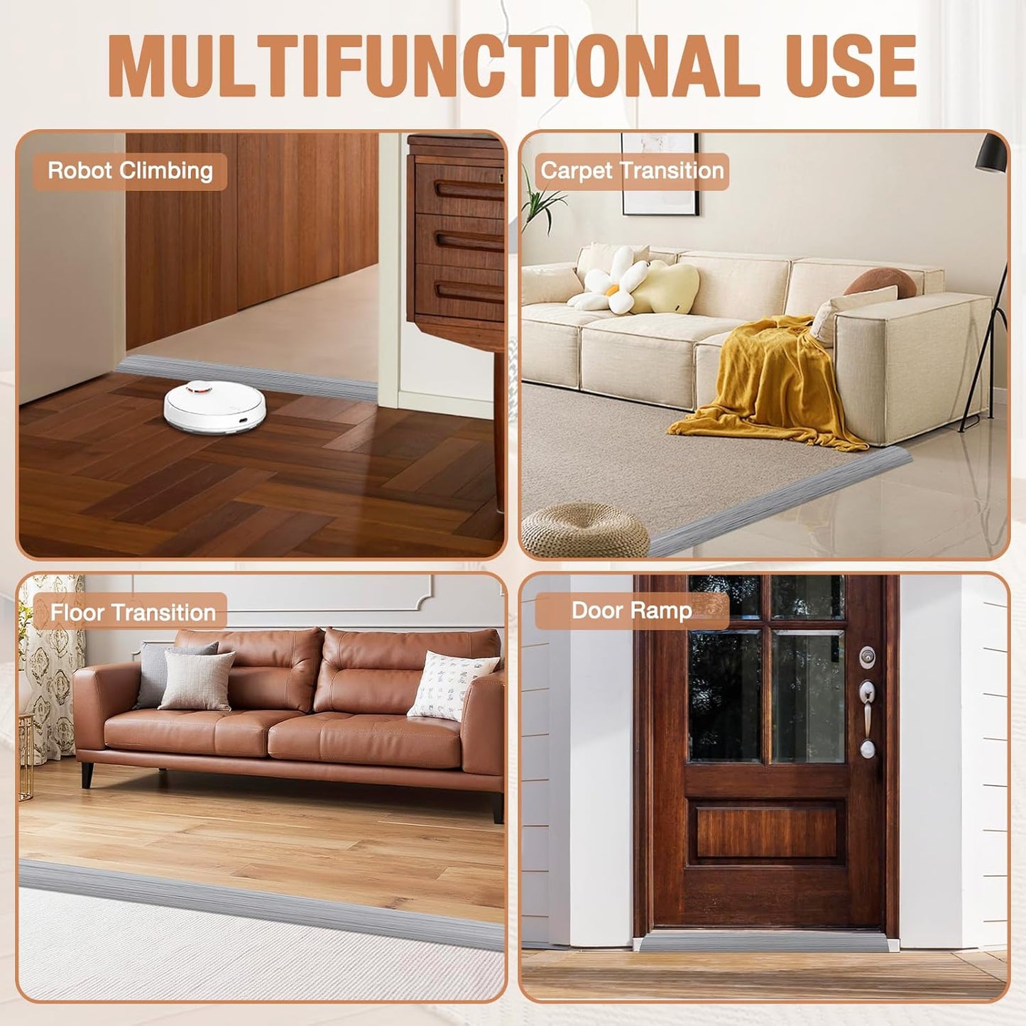 Floor Transition Strip Self Adhesive Vinyl Door Threshold for Doorways Carpet Edging Trim Overlap Edge Reducer for Laminate Floor, Carpet, Tile (Light Gray Wood Grain, 2/5" to 3/5", 3.3Ft)