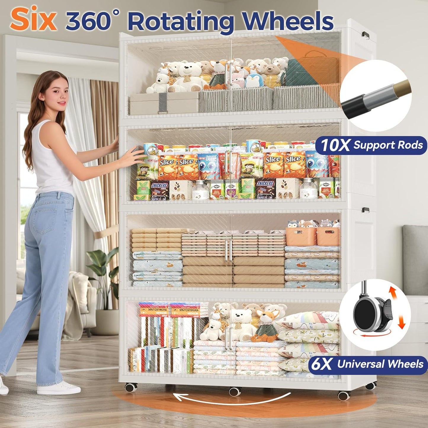 150GAL Extra Large Storage Bins with Lid, 600QT Collapsible Organizer with Wheels, Stackable Closet Cabinet with Doors, Folding Storage Containers for Home, Office, Dorm, 3Pack White