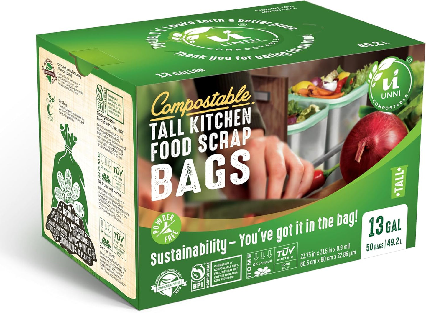 UNNI Compostable Trash Bags, 13 Gallon / 49.2 Liter, 50 Count, Extra Thick 0.9 Mil Tall Kitchen Food Scrap Bin Liners, Certified by BPI, CMA & OK compost HOME, Meets the ASTM D6400 Standard