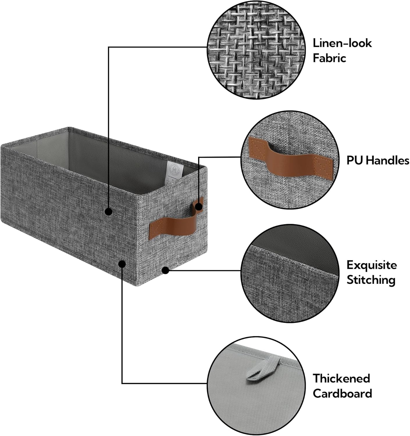 GRANNY SAYS Small Fabric Storage Bins with PU Handles, Storage Baskets for Shelves, Perfume Storage, Narrow Baskets for Organizing DVD, Photos, Aromatherapy, Scarf, Diaper, Cd, 3-Pack, Gray