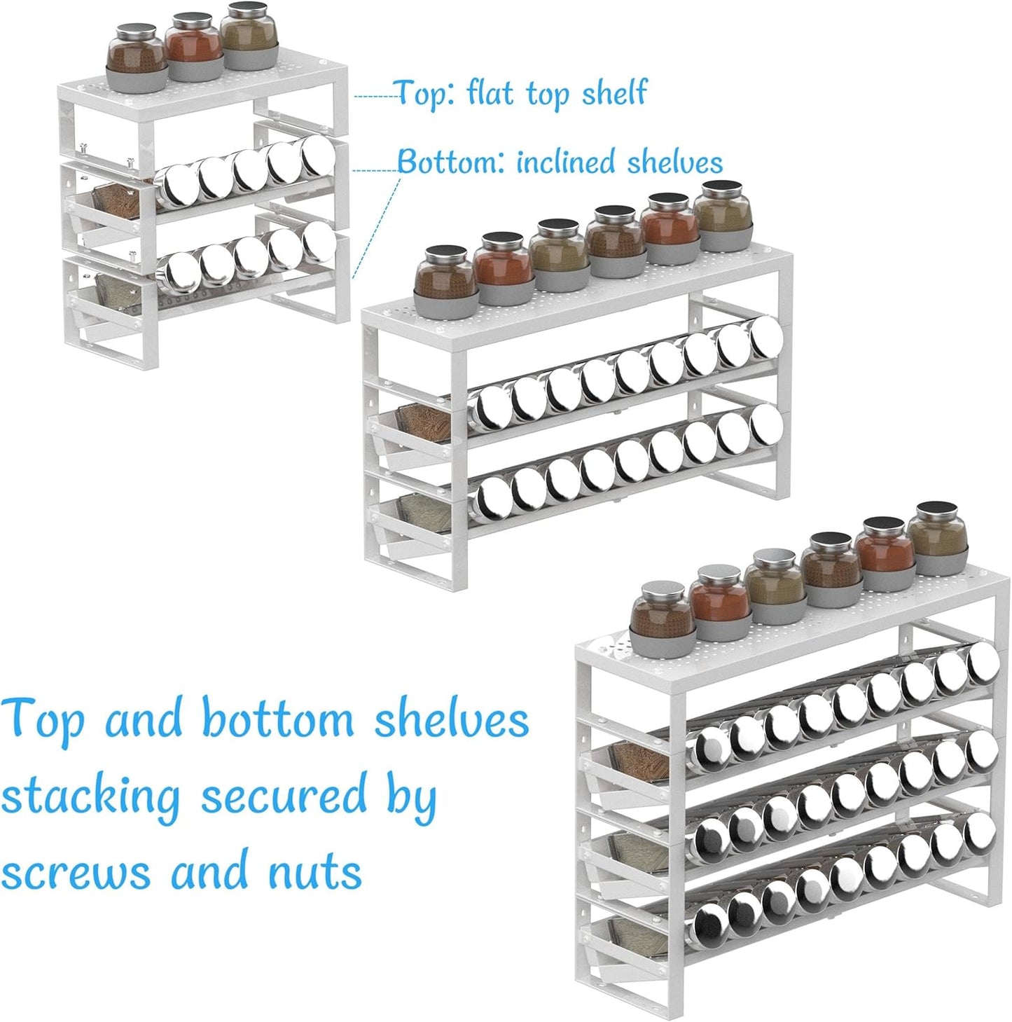 Expandable, Stackable, Adjustable Spice Rack kitchen Organizer,Metal Pantry Storage Shelves - Multi-Tier Shelf for Cabinet, Countertop, Pantries, Cupboard or Wall Mount,White